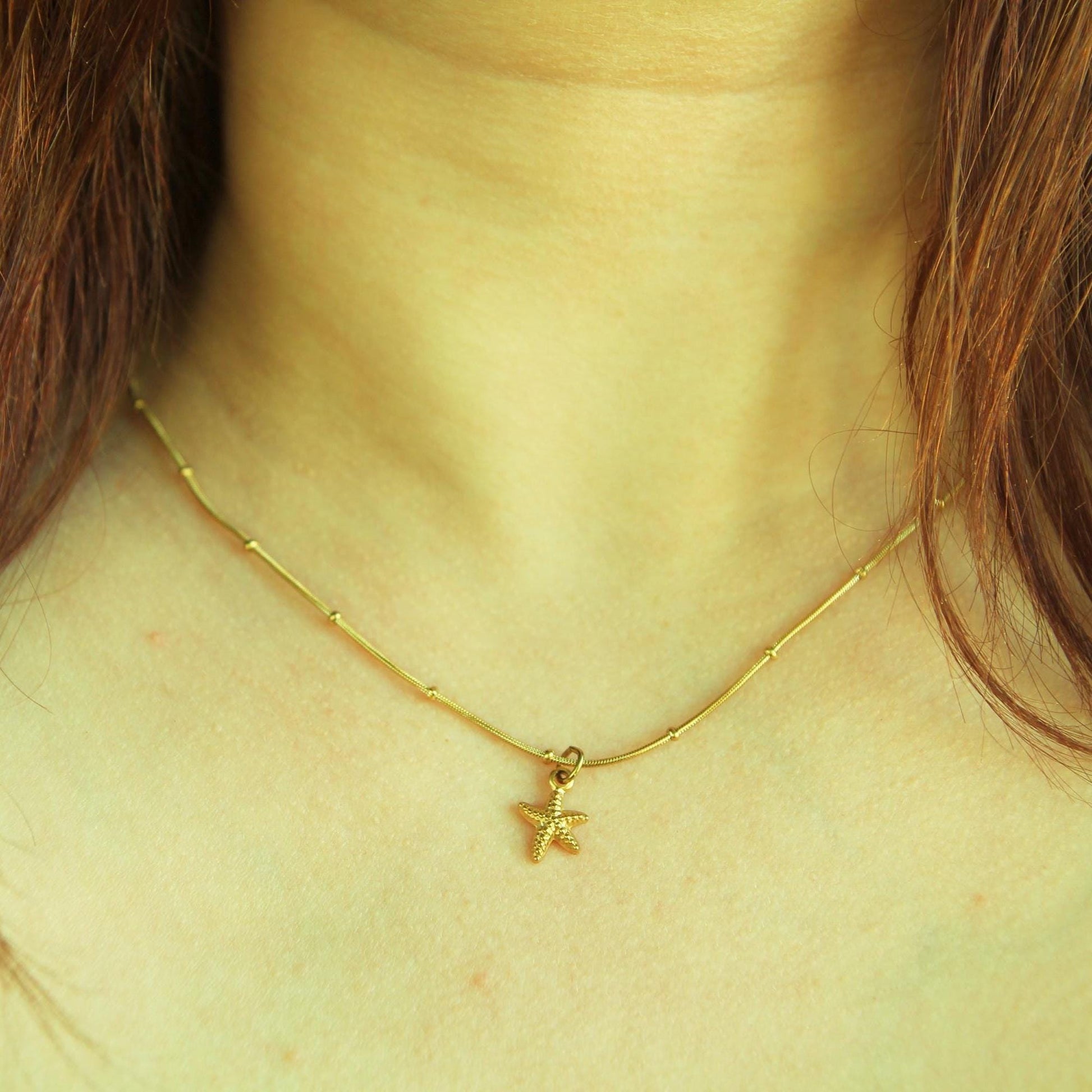 Gold Starfish Necklace • Textured Charm, Satellite Chain, Waterproof Stainless Steel