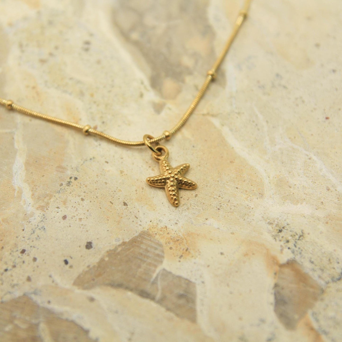 Gold Starfish Necklace • Textured Charm, Satellite Chain, Waterproof Stainless Steel