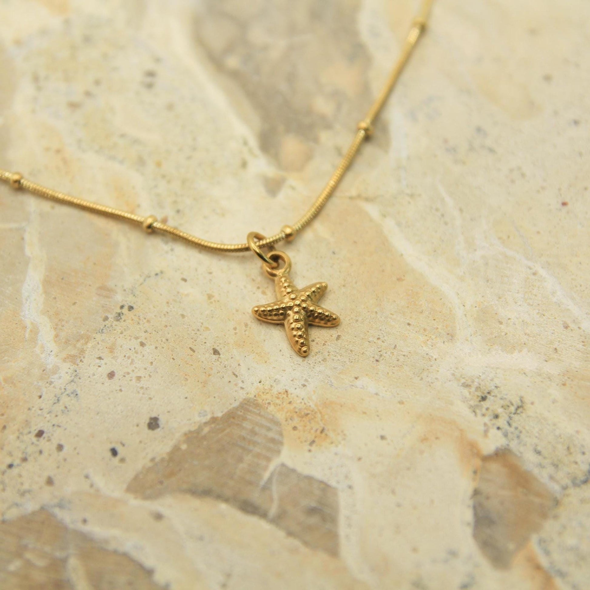 Gold Starfish Necklace • Textured Charm, Satellite Chain, Waterproof Stainless Steel