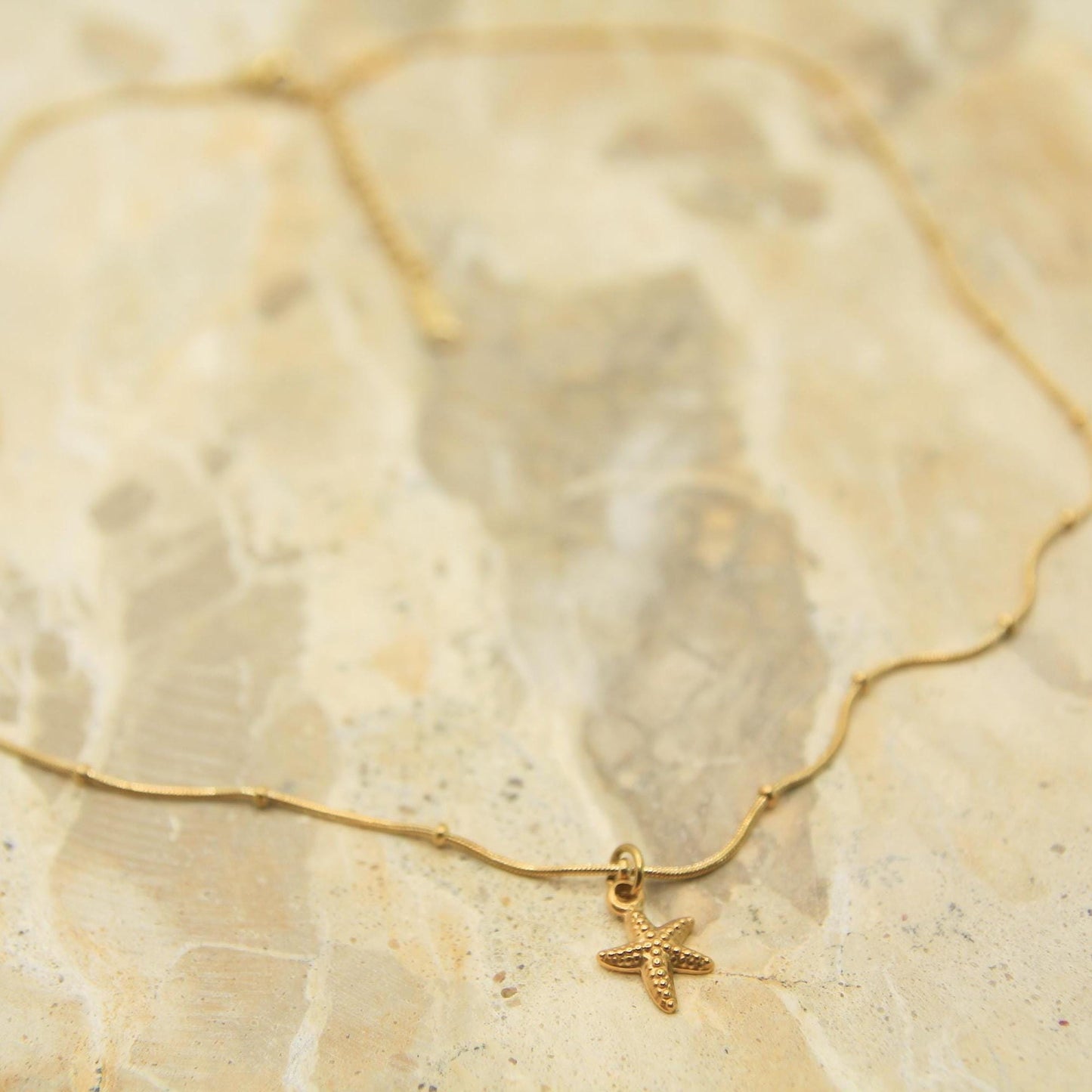 Gold Starfish Necklace • Textured Charm, Satellite Chain, Waterproof Stainless Steel