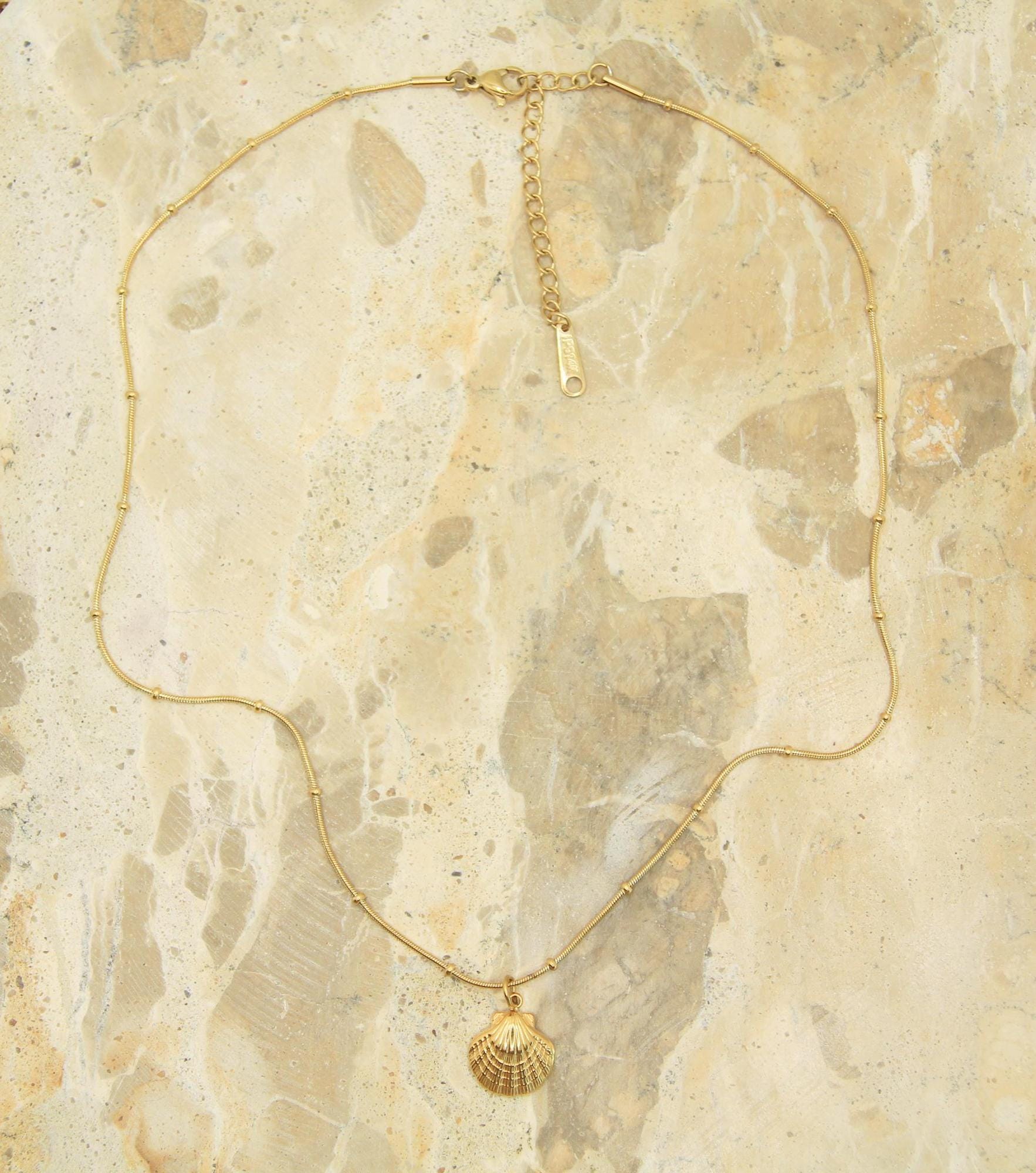Gold Scallop Shell Necklace • Textured Charm, Waterproof Satellite Chain, Coastal Style