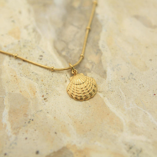 Gold Scallop Shell Necklace • Textured Charm, Waterproof Satellite Chain, Coastal Style