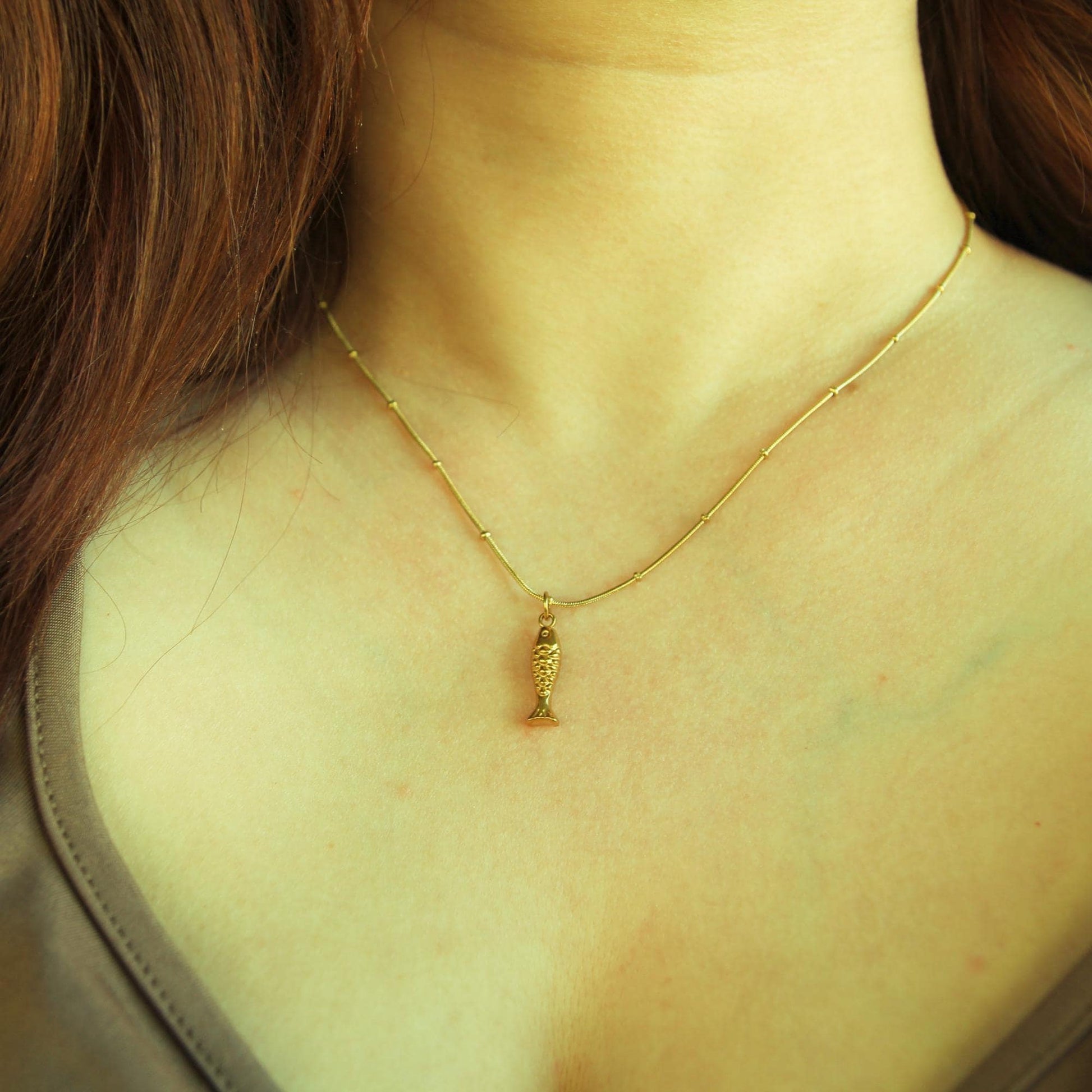 Fish Necklace Gold • Satellite Chain • Waterproof Stainless Steel • Dainty Coastal Necklace • Lucky Fish Charm Necklace