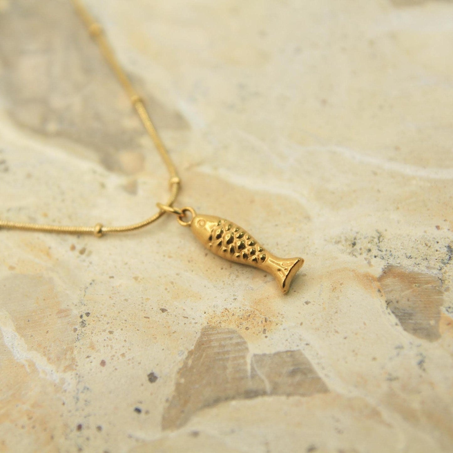 Fish Necklace Gold • Satellite Chain • Waterproof Stainless Steel • Dainty Coastal Necklace • Lucky Fish Charm Necklace