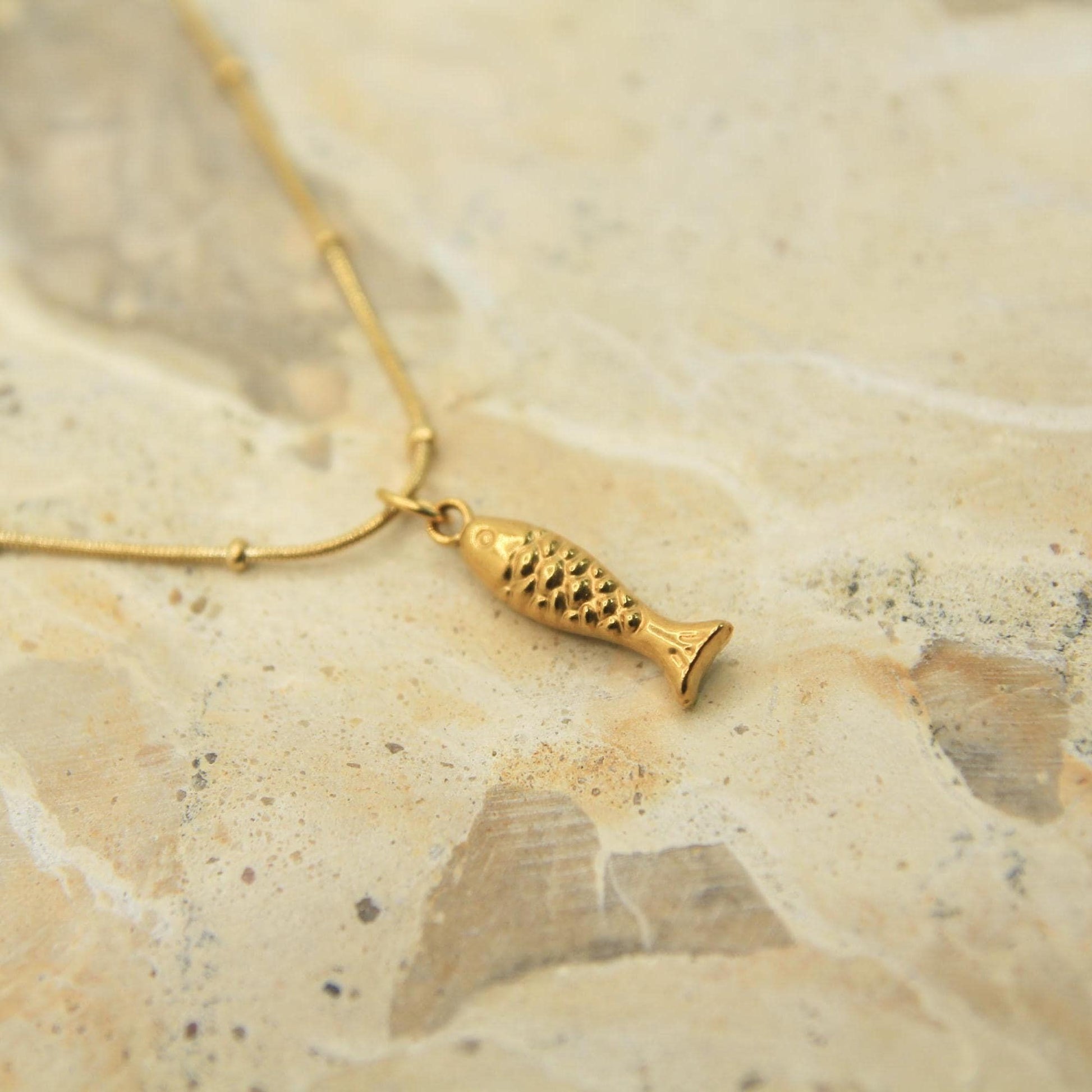 Fish Necklace Gold • Satellite Chain • Waterproof Stainless Steel • Dainty Coastal Necklace • Lucky Fish Charm Necklace
