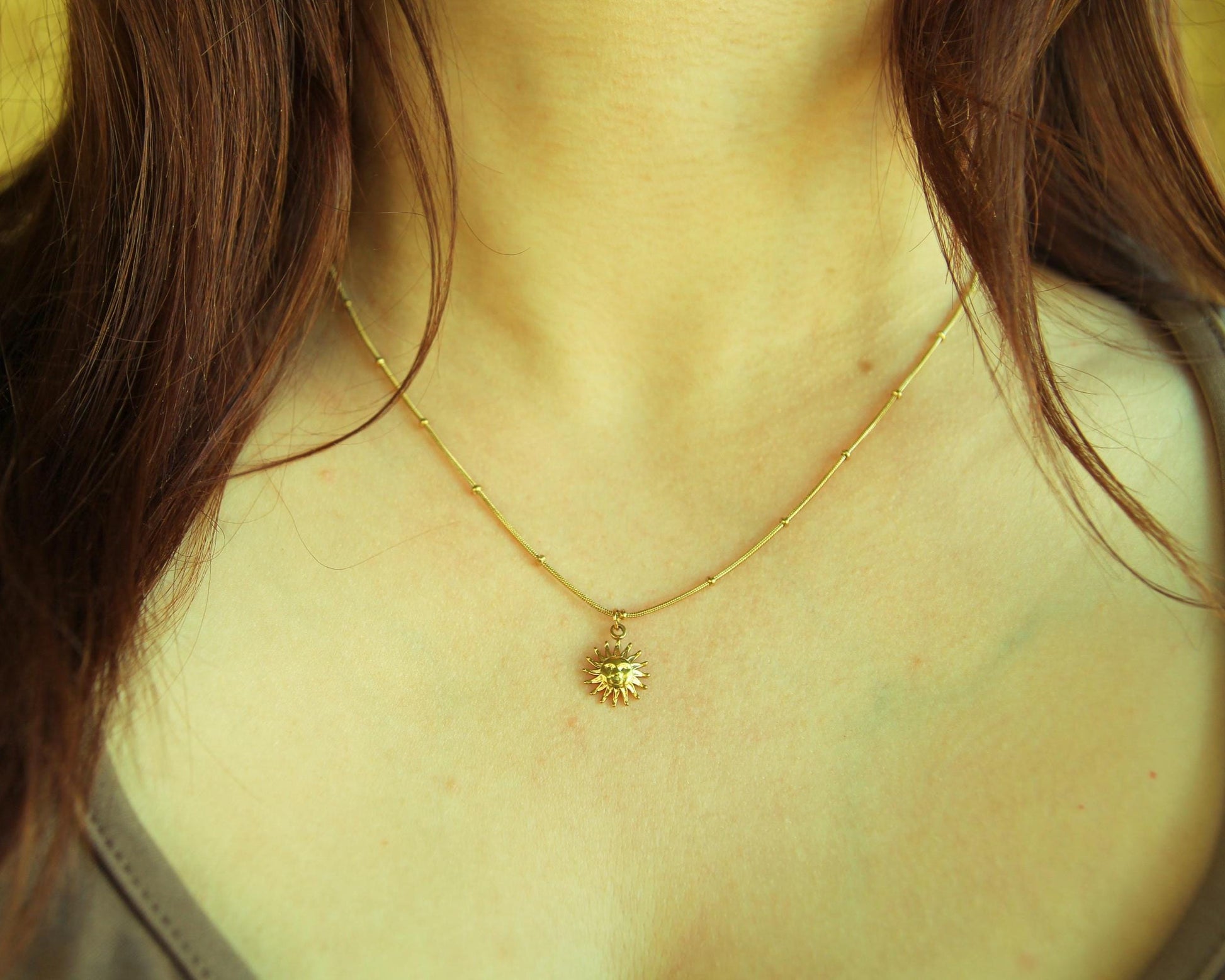 Sun Face Necklace Gold • Satellite Chain • Waterproof Stainless Steel • Dainty Celestial Necklace • Sun Charm Necklace