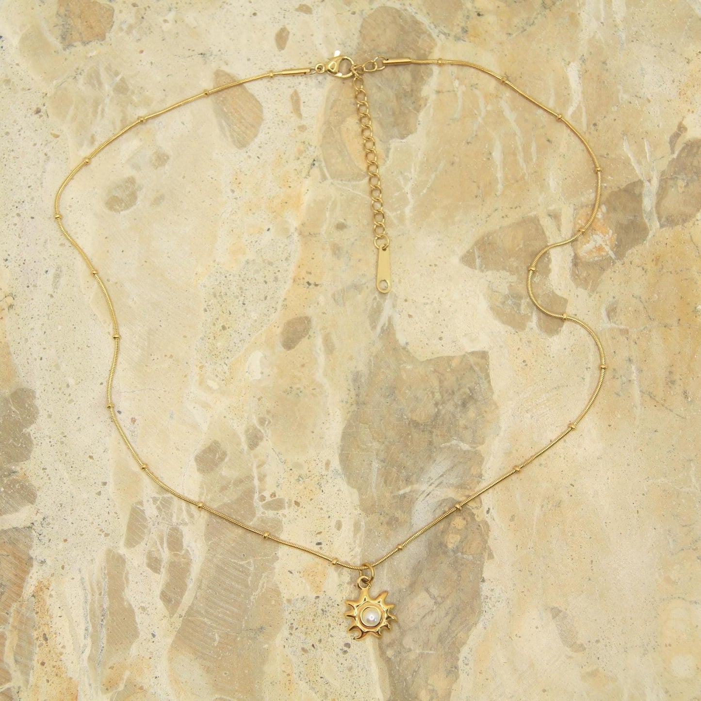 Pearl Sun Necklace Gold • Satellite Chain • Stainless Steel • Dainty Celestial Necklace • Sun Pearl Charm Necklace