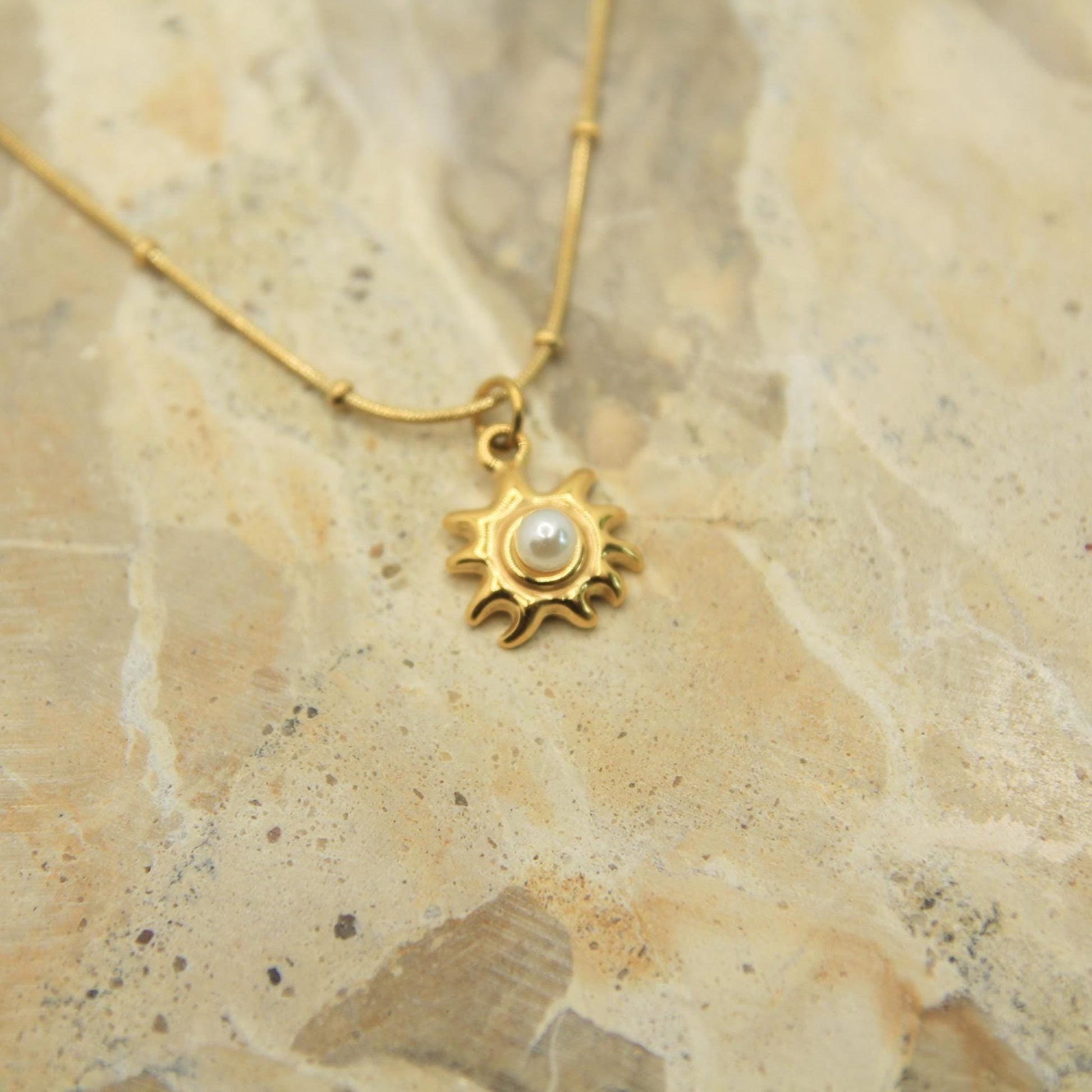Pearl Sun Necklace Gold • Satellite Chain • Stainless Steel • Dainty Celestial Necklace • Sun Pearl Charm Necklace