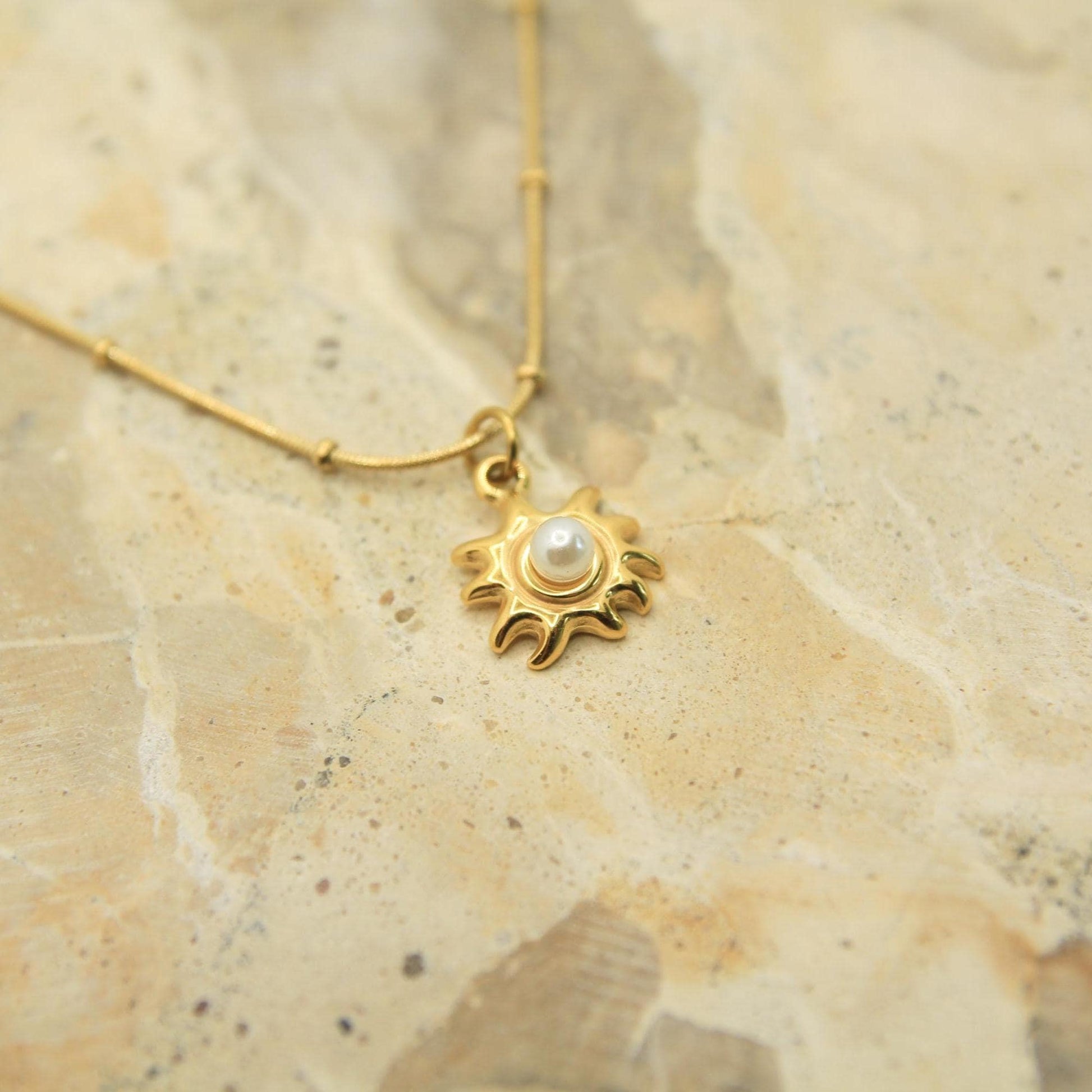 Pearl Sun Necklace Gold • Satellite Chain • Stainless Steel • Dainty Celestial Necklace • Sun Pearl Charm Necklace