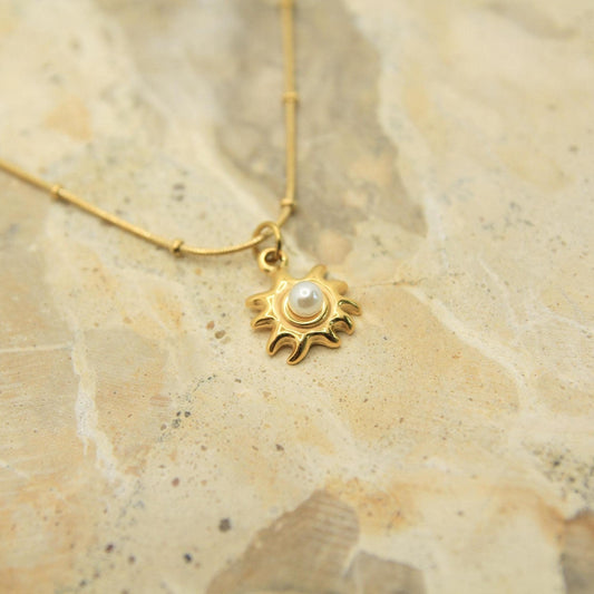 Pearl Sun Necklace Gold • Satellite Chain • Stainless Steel • Dainty Celestial Necklace • Sun Pearl Charm Necklace