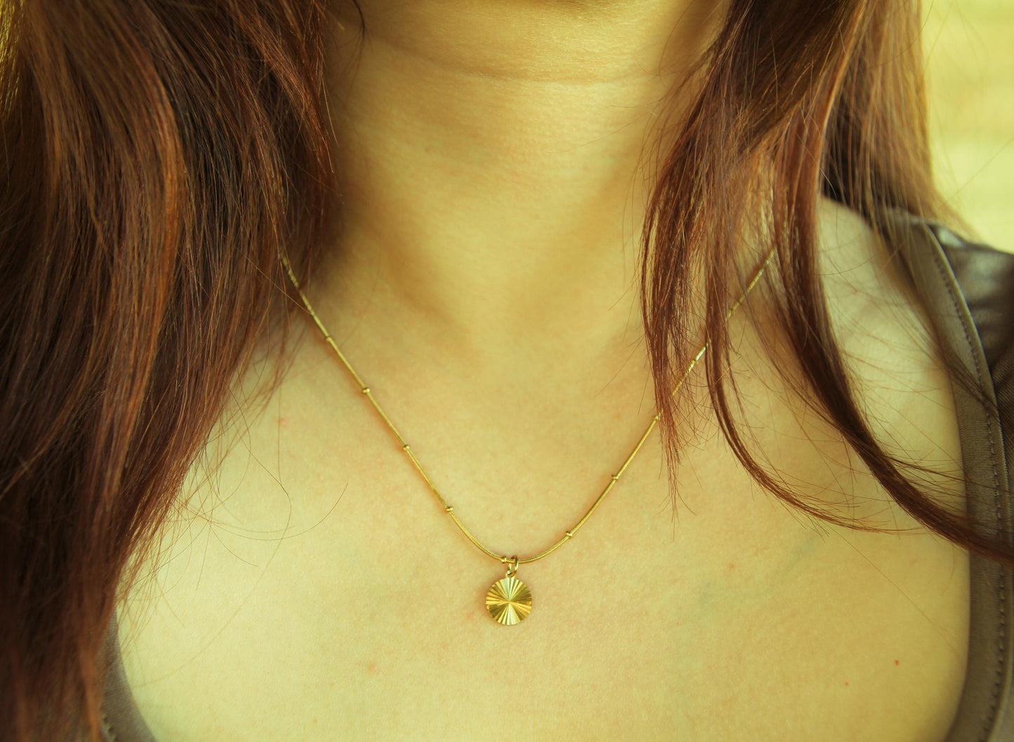 Sunburst Disc Necklace Gold • Satellite Chain • Waterproof Stainless Steel • Dainty Minimalist Necklace • Coin Pendant