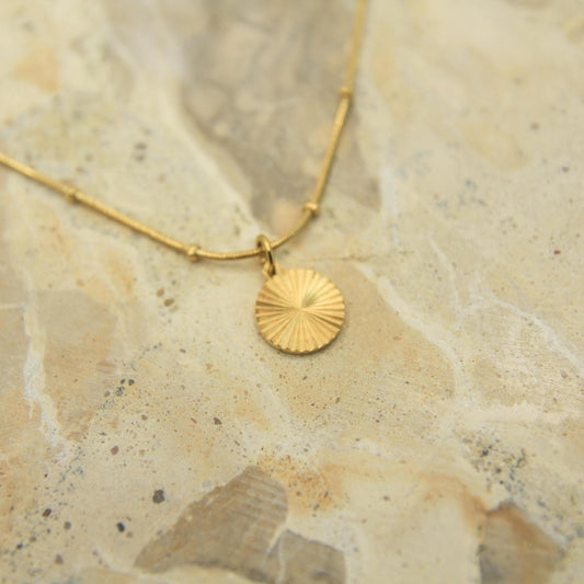 Sunburst Disc Necklace Gold • Satellite Chain • Waterproof Stainless Steel • Dainty Minimalist Necklace • Coin Pendant