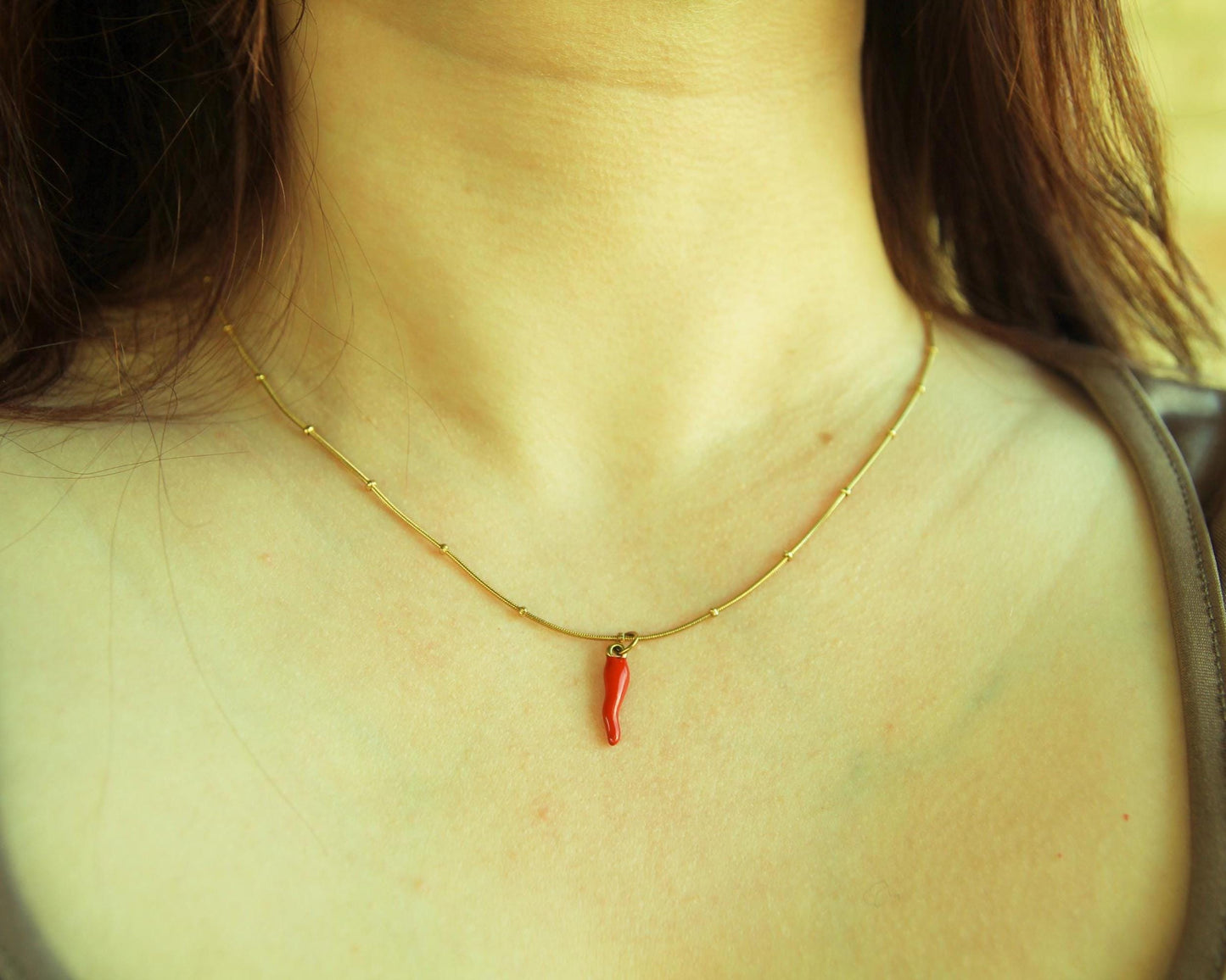 Cornicello Necklace Gold • Red Enamel Italian Horn • Chilli Pendant • Satellite Chain • Waterproof Stainless Steel