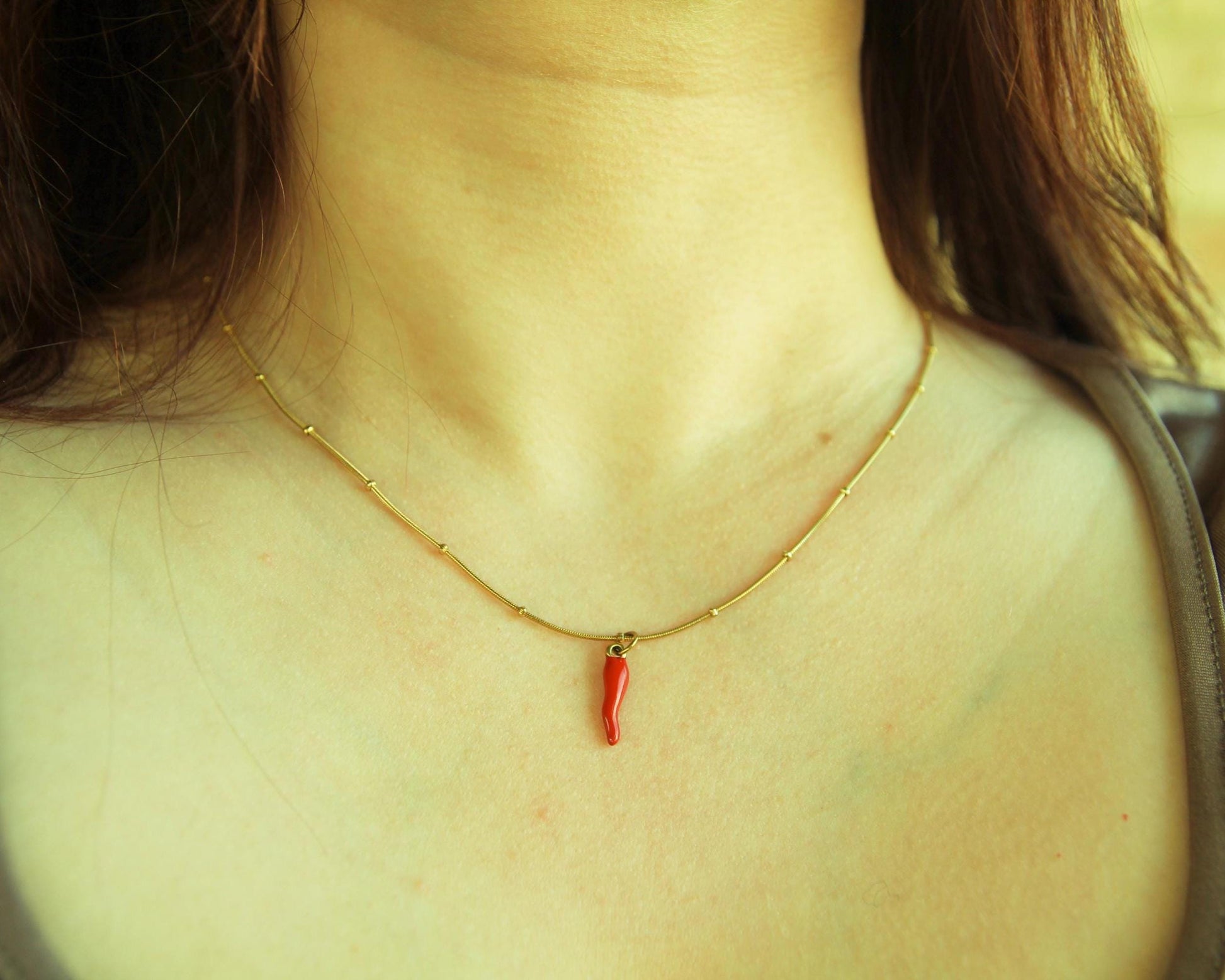 Cornicello Necklace Gold • Red Enamel Italian Horn • Chilli Pendant • Satellite Chain • Waterproof Stainless Steel