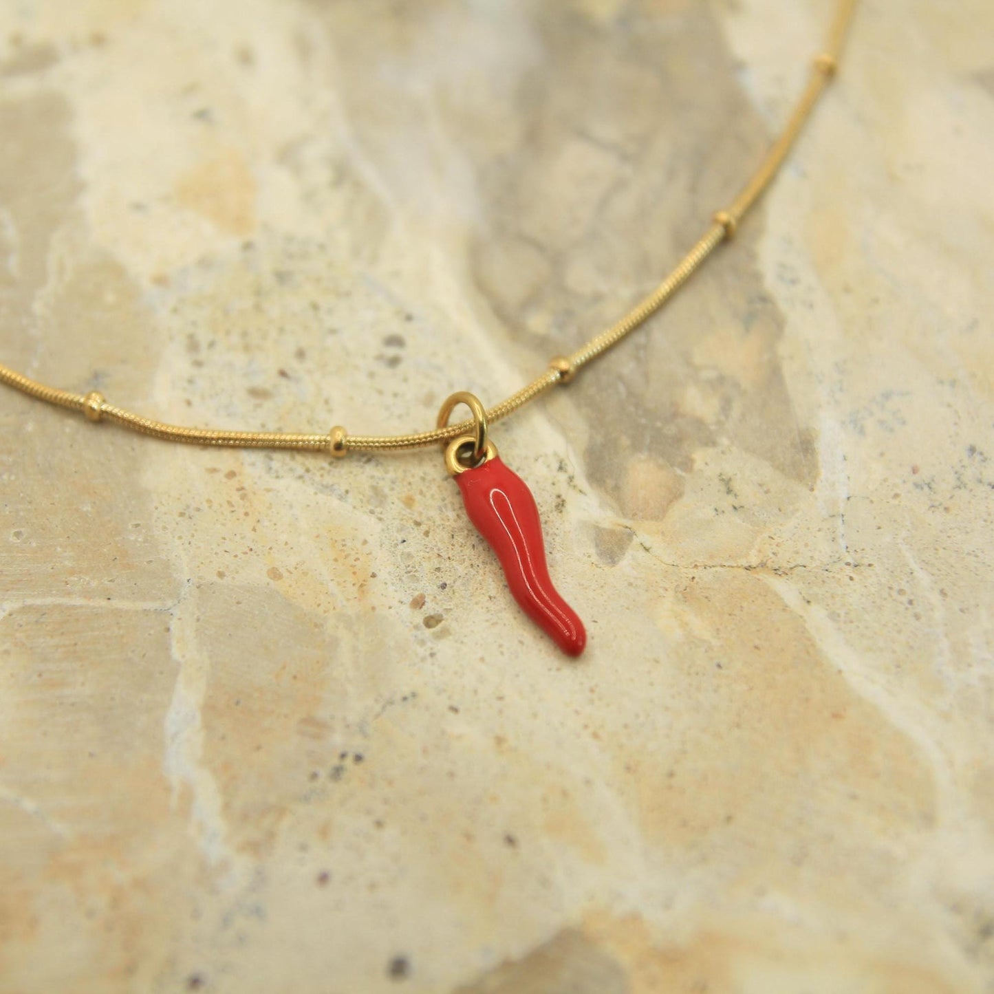 Cornicello Necklace Gold • Red Enamel Italian Horn • Chilli Pendant • Satellite Chain • Waterproof Stainless Steel