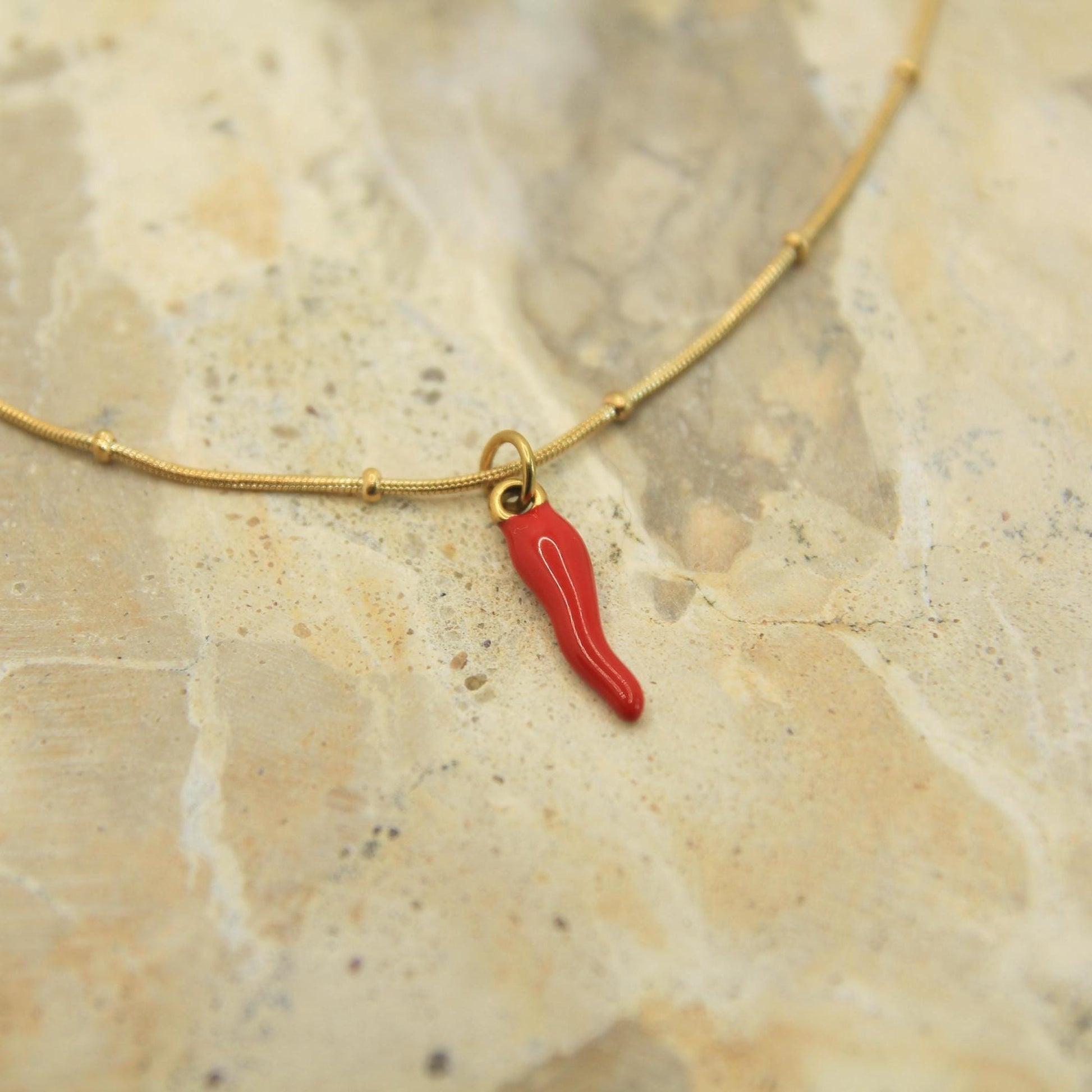 Cornicello Necklace Gold • Red Enamel Italian Horn • Chilli Pendant • Satellite Chain • Waterproof Stainless Steel