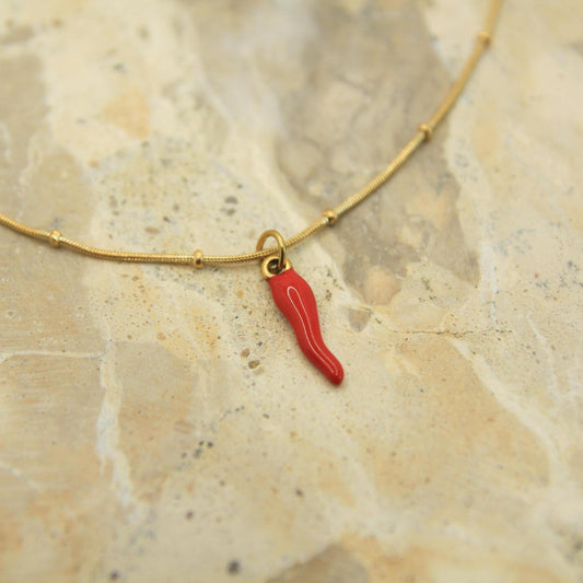 Cornicello Necklace Gold • Red Enamel Italian Horn • Chilli Pendant • Satellite Chain • Waterproof Stainless Steel