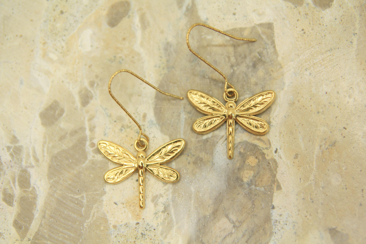 Gold Dragonfly Charm Earrings | Textured Nature Drop Earrings | Hypoallergenic Hooks