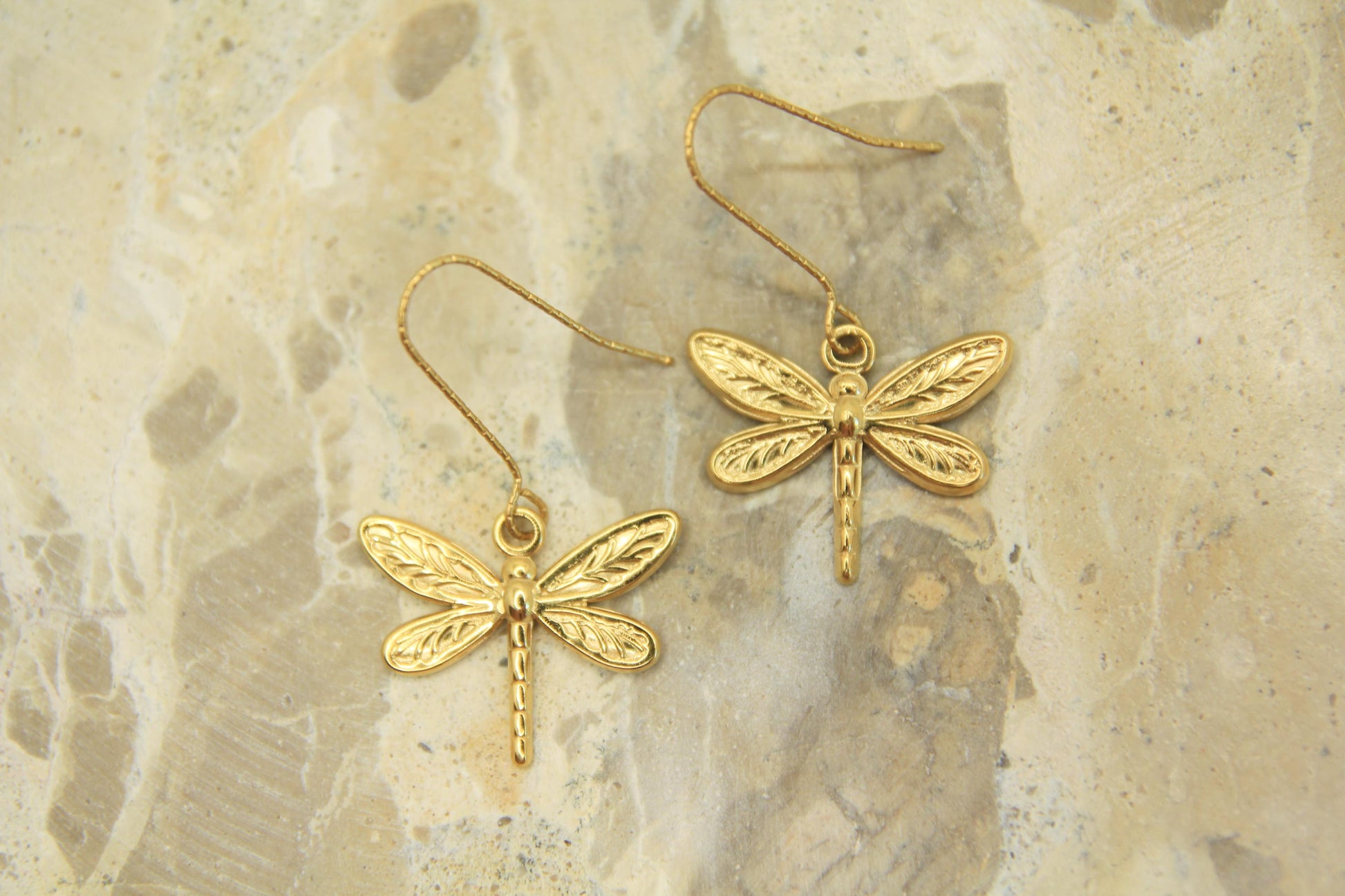 Gold Dragonfly Charm Earrings | Textured Nature Drop Earrings | Hypoallergenic Hooks