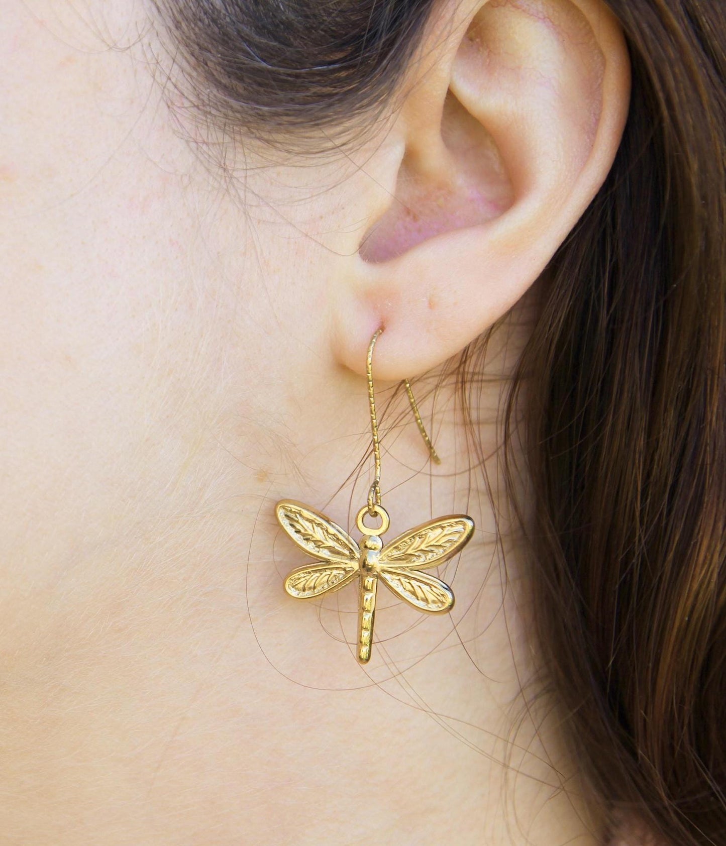 Gold Dragonfly Charm Earrings | Textured Nature Drop Earrings | Hypoallergenic Hooks