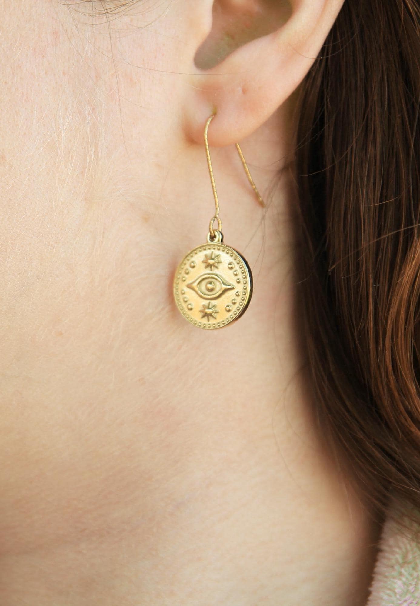 Gold Evil Eye Coin Earrings | Celestial Star Charm Earrings | Hypoallergenic Hooks