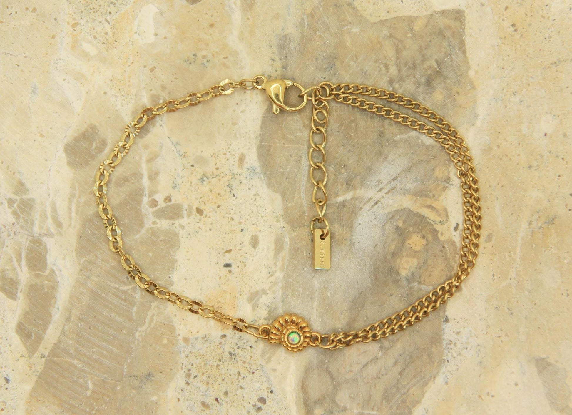 Gold Opal Nautilus Shell Charm Bracelet | Layered Chain Bracelet | Adjustable