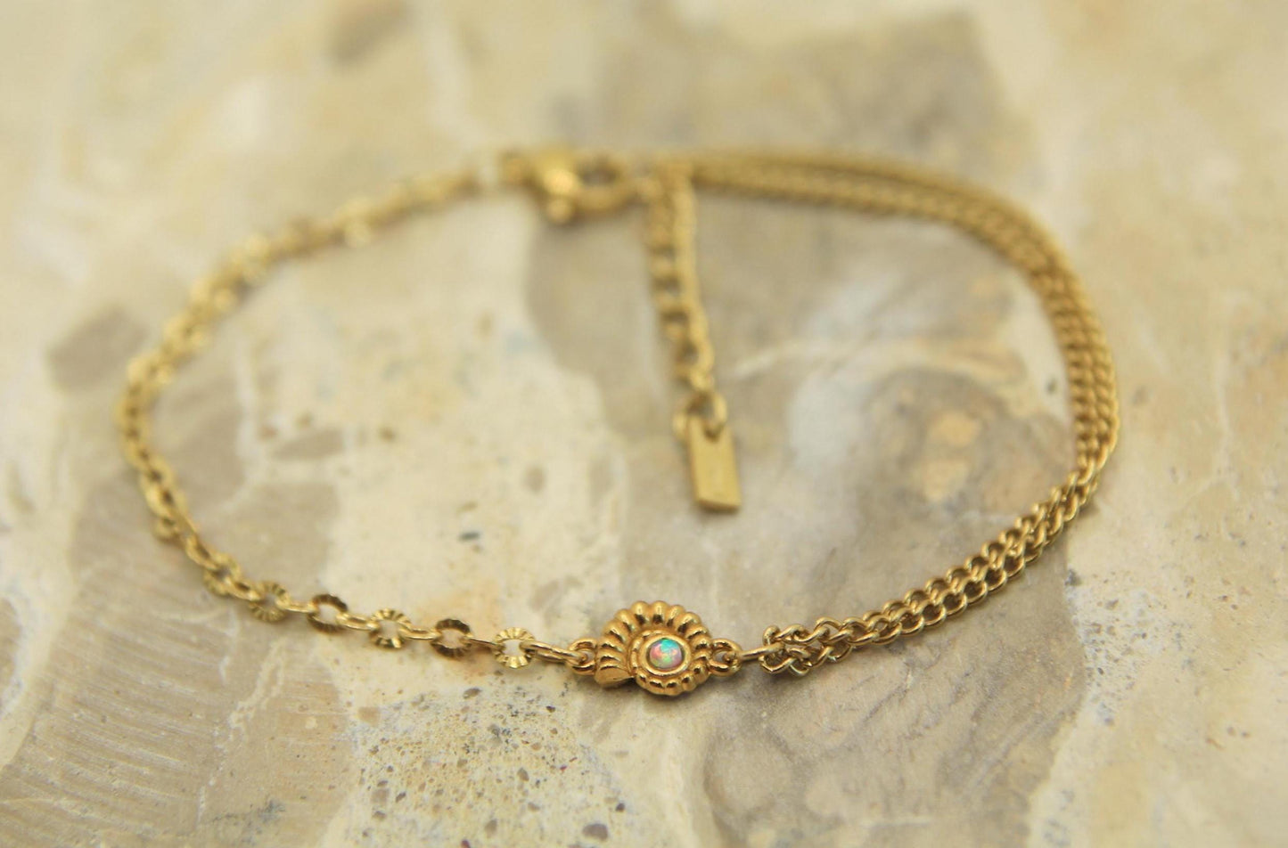 Gold Opal Nautilus Shell Charm Bracelet | Layered Chain Bracelet | Adjustable