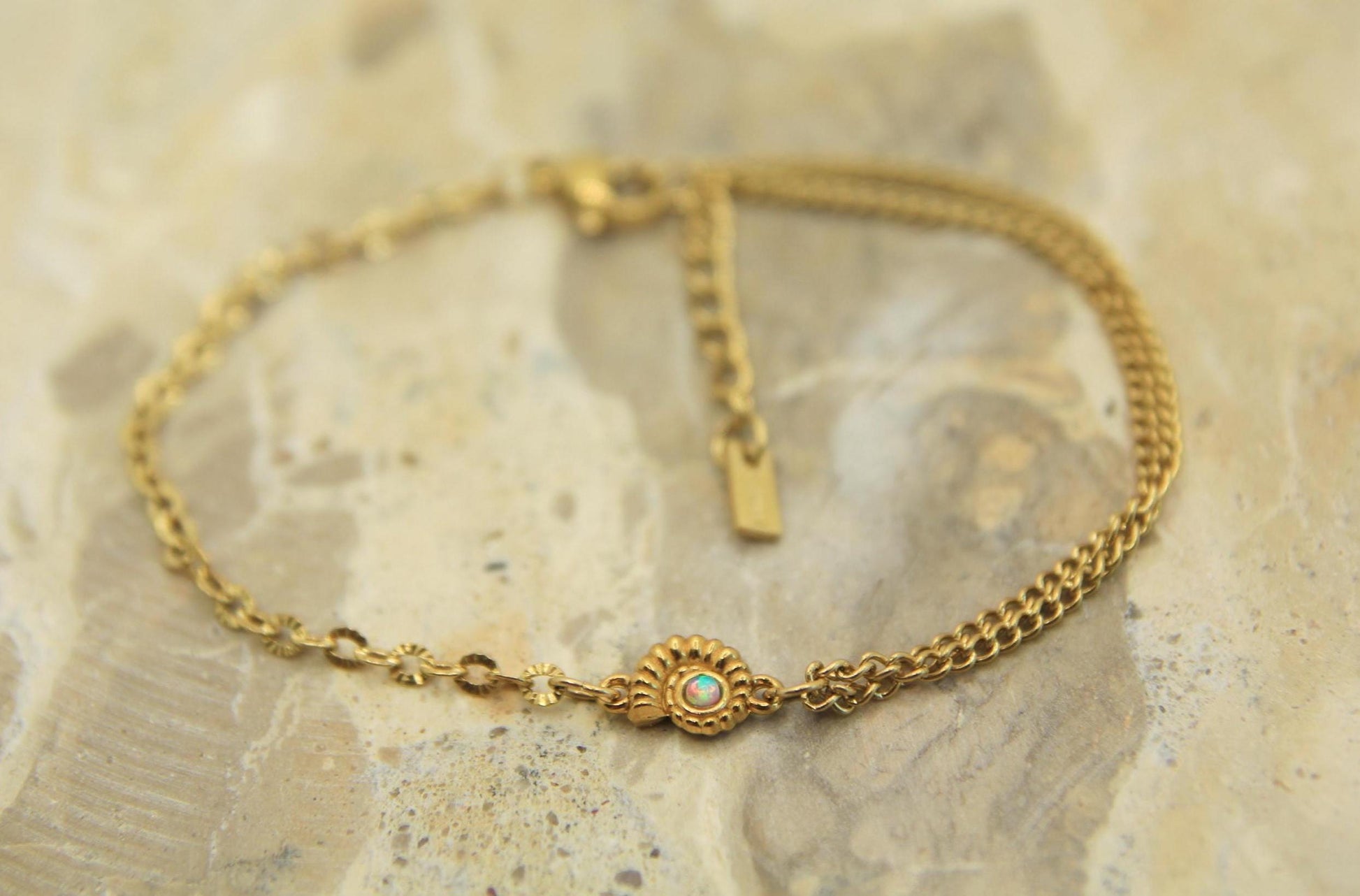 Gold Opal Nautilus Shell Charm Bracelet | Layered Chain Bracelet | Adjustable