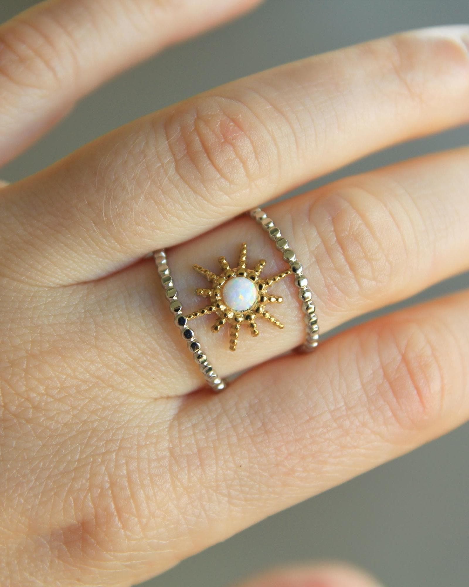 Two Tone Opal Starburst Ring | Adjustable Beaded Band | Gold & Silver