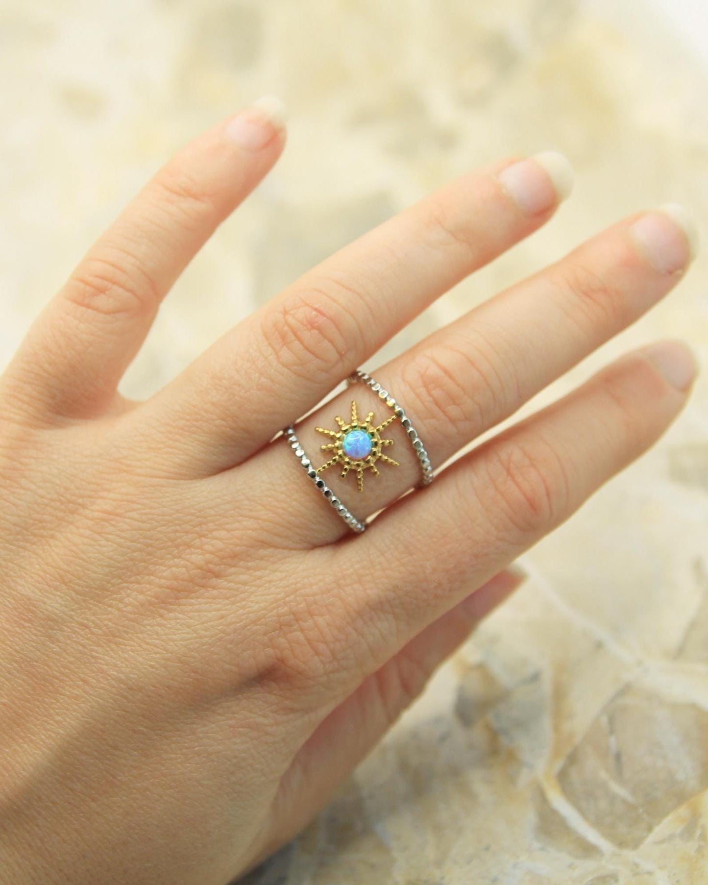 Two Tone Opal Starburst Ring | Adjustable Beaded Band | Gold & Silver