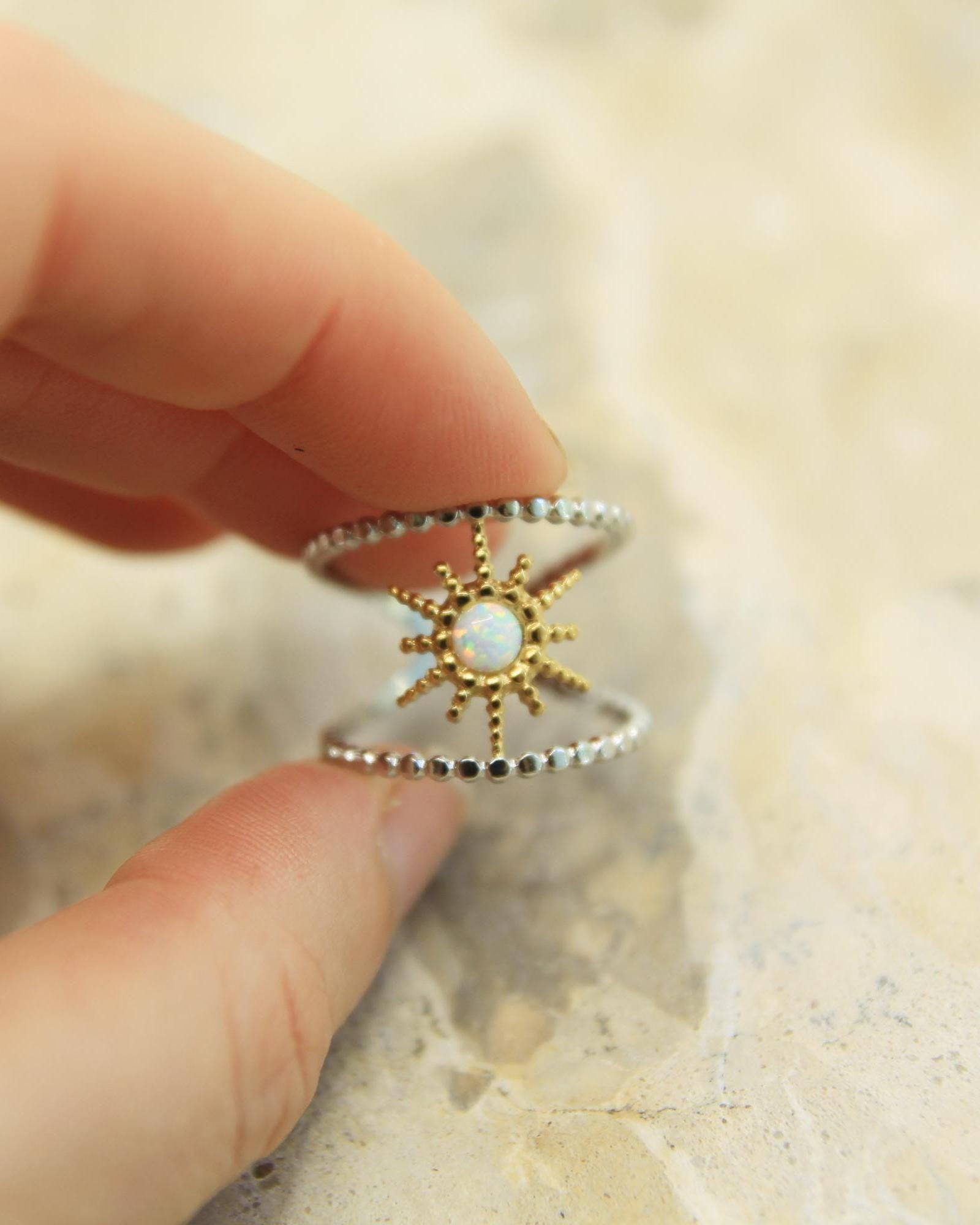 Two Tone Opal Starburst Ring | Adjustable Beaded Band | Gold & Silver