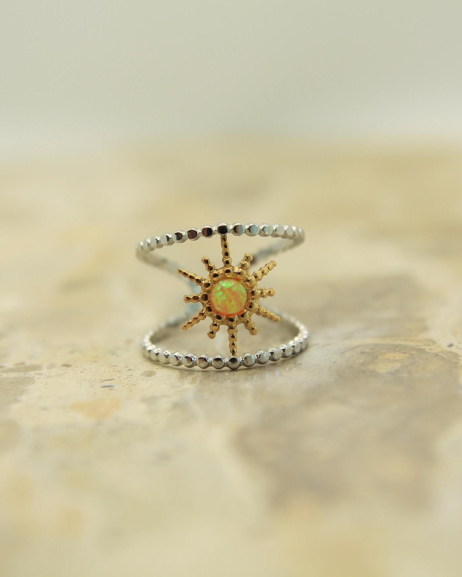 Two Tone Opal Starburst Ring | Adjustable Beaded Band | Gold & Silver