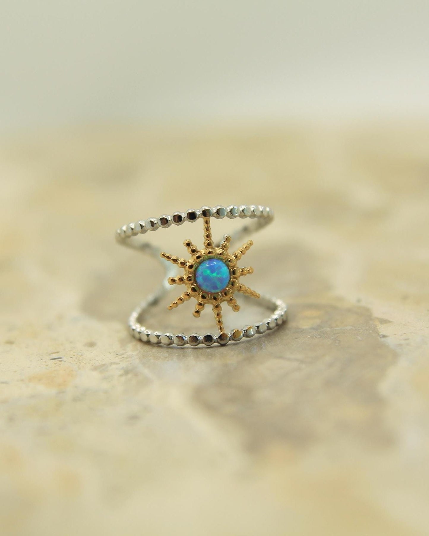 Two Tone Opal Starburst Ring | Adjustable Beaded Band | Gold & Silver