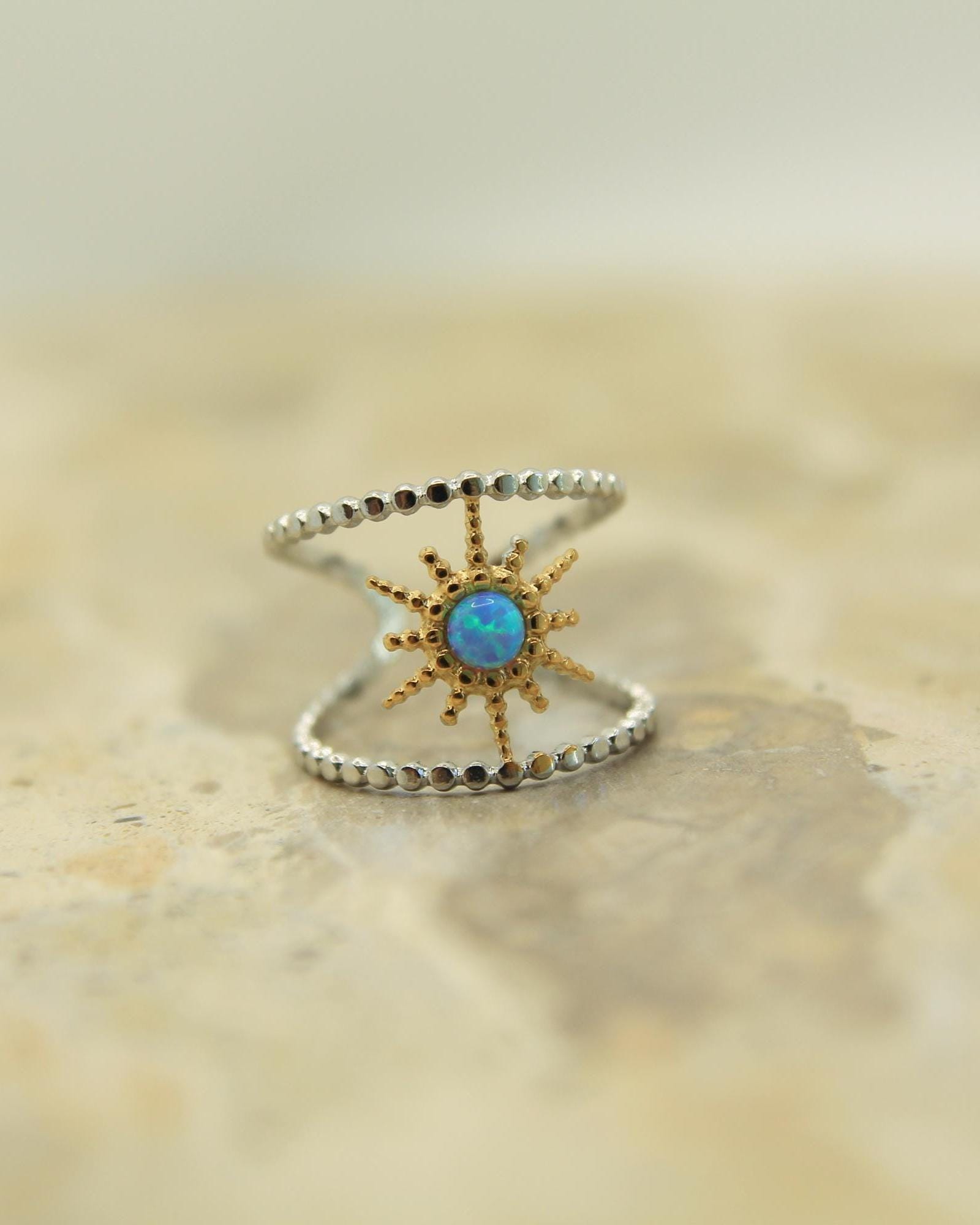 Two Tone Opal Starburst Ring | Adjustable Beaded Band | Gold & Silver