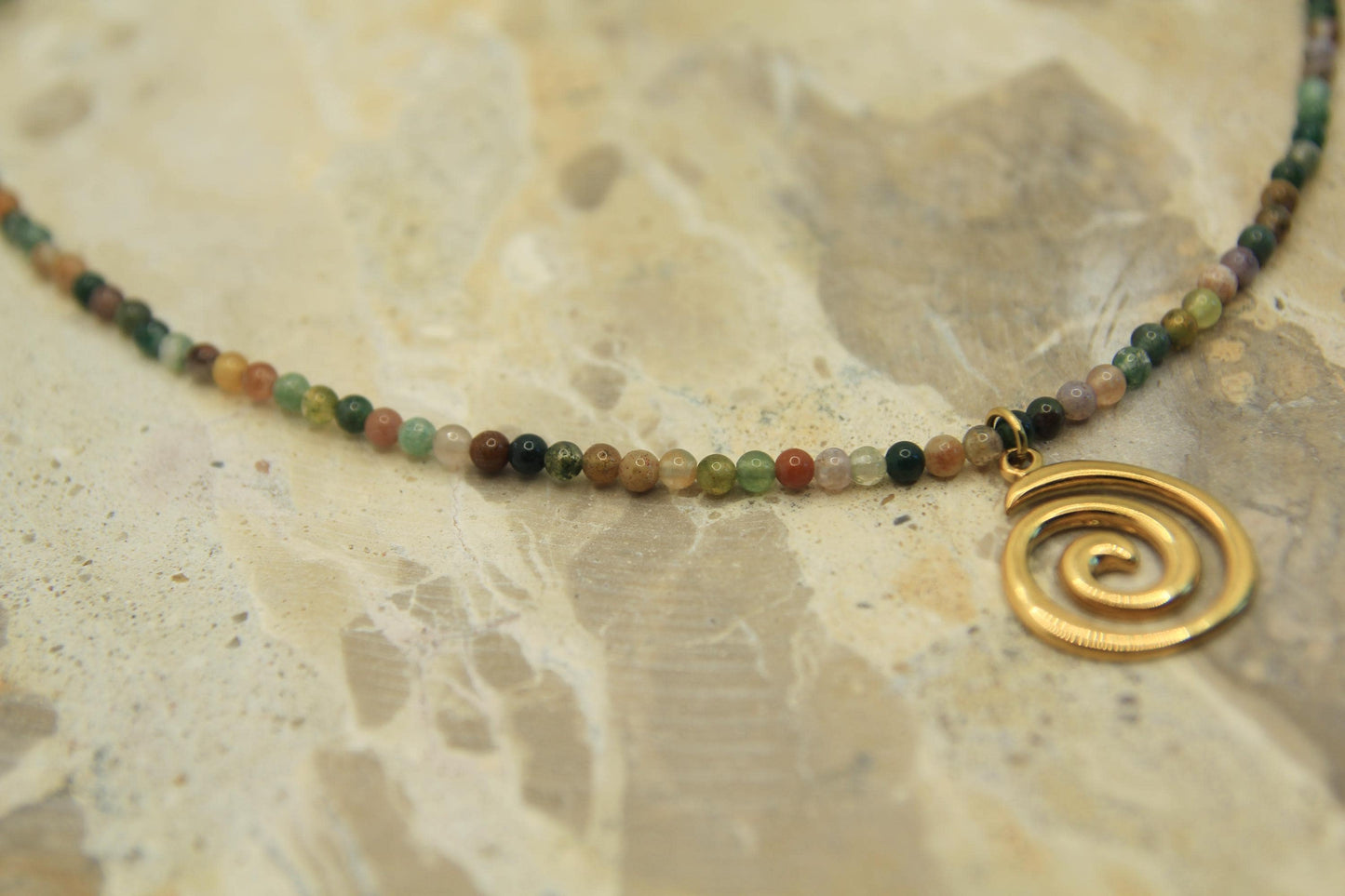Genuine Gemstone Beaded Necklace | Gold Spiral Pendant | Boho Choker