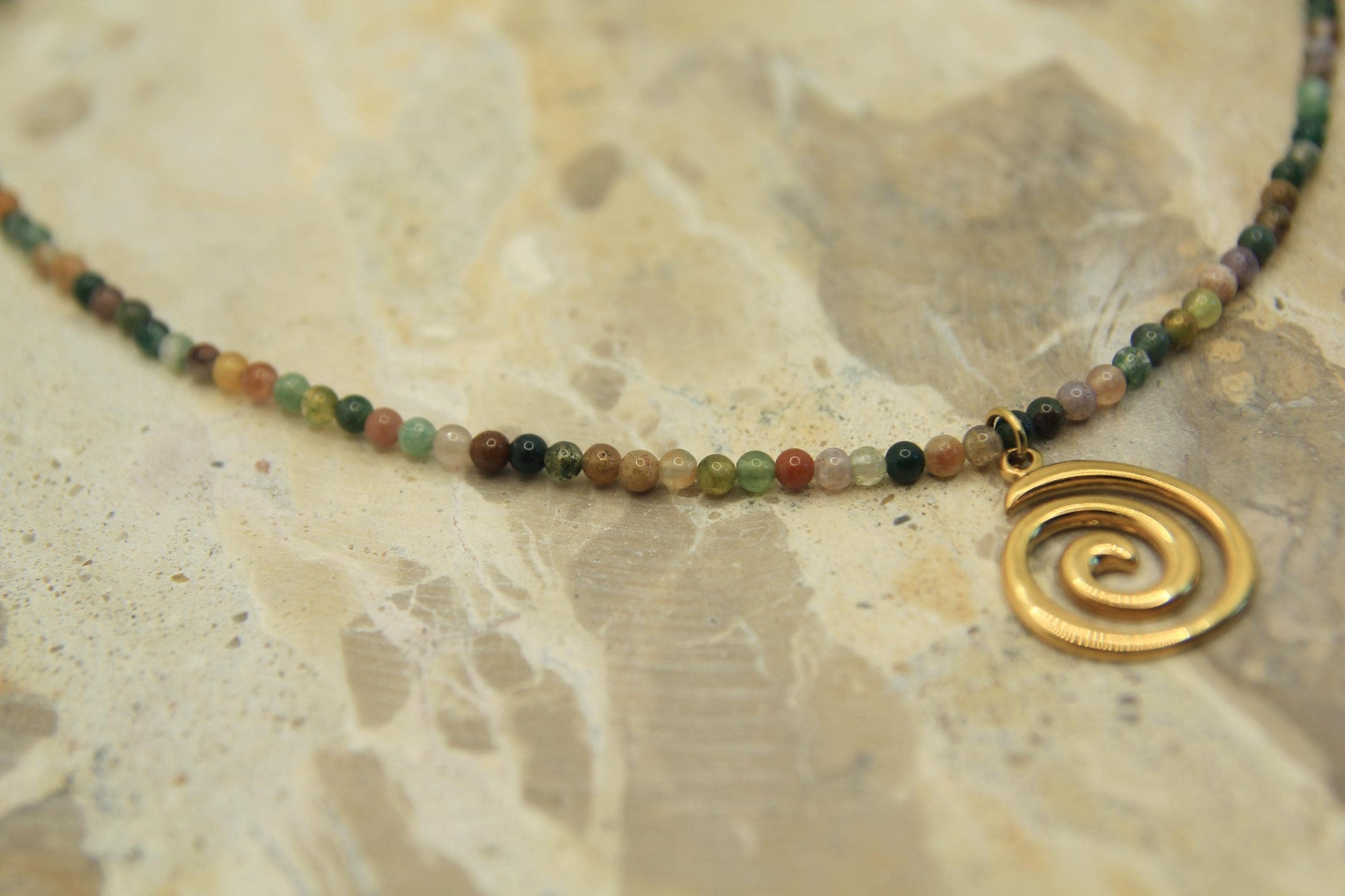 Genuine Gemstone Beaded Necklace | Gold Spiral Pendant | Boho Choker