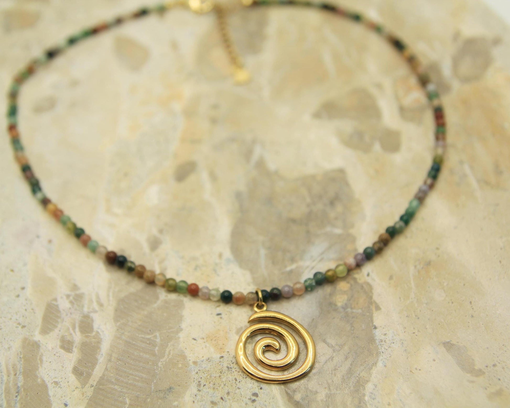 Genuine Gemstone Beaded Necklace | Gold Spiral Pendant | Boho Choker