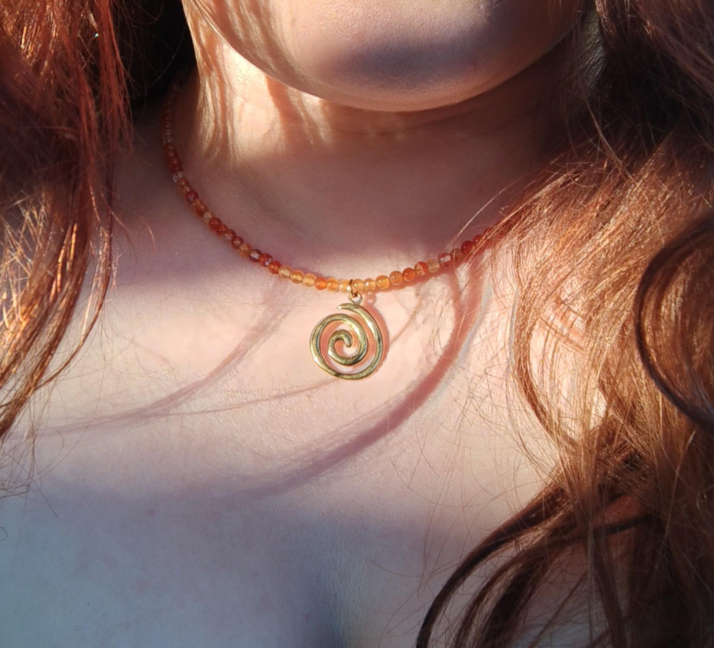 Genuine Gemstone Beaded Necklace | Gold Spiral Pendant | Boho Choker