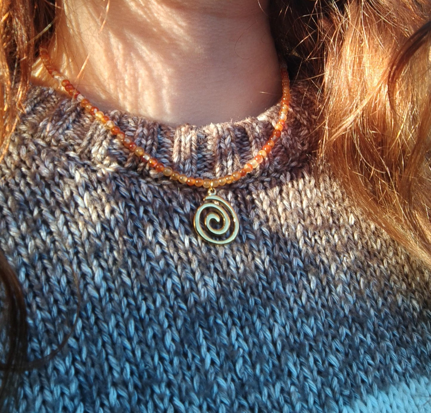 Genuine Gemstone Beaded Necklace | Gold Spiral Pendant | Boho Choker