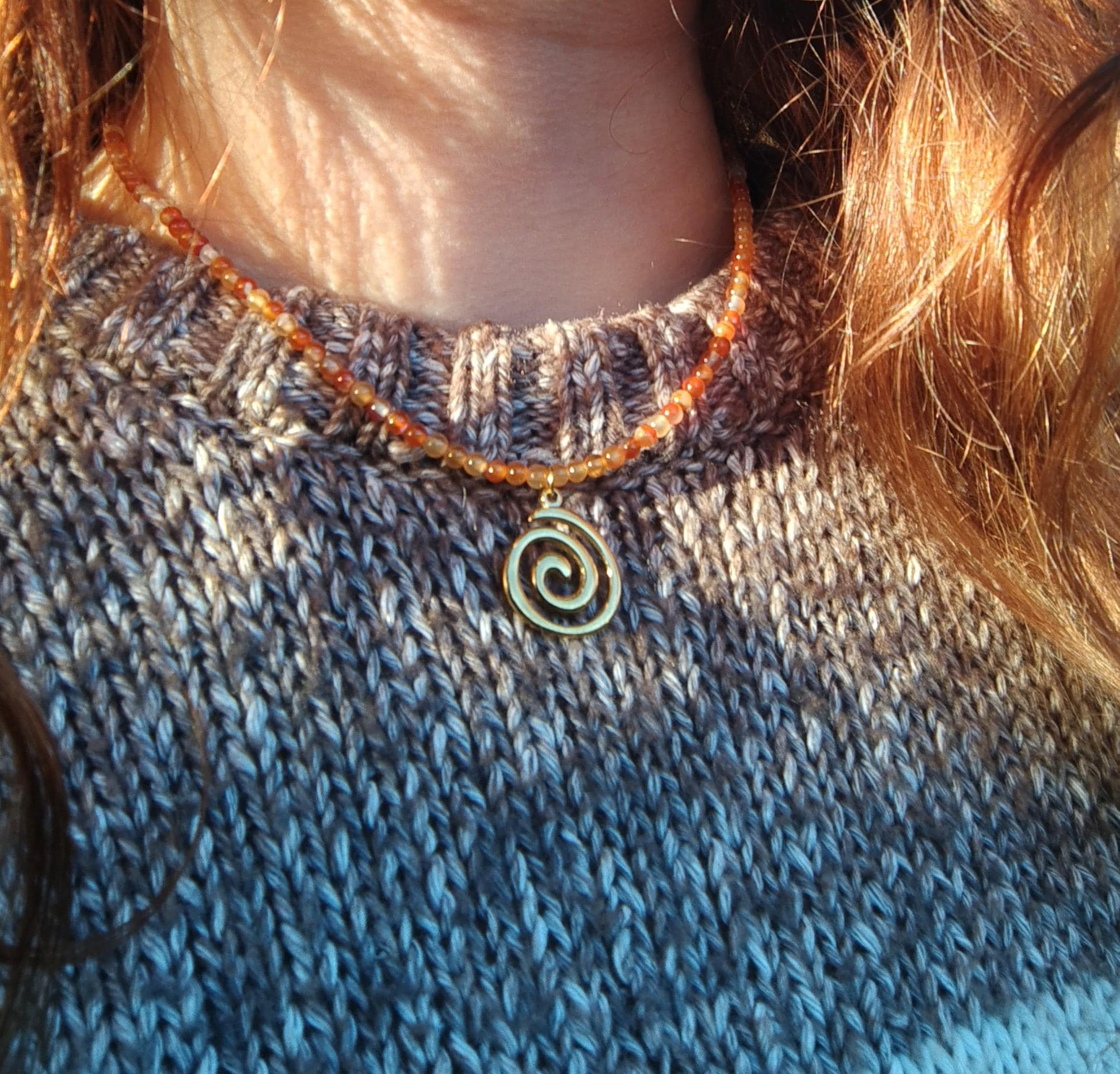 Genuine Gemstone Beaded Necklace | Gold Spiral Pendant | Boho Choker