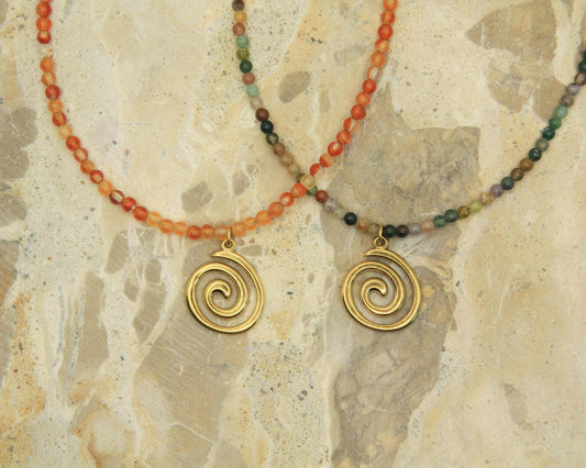 Genuine Gemstone Beaded Necklace | Gold Spiral Pendant | Boho Choker