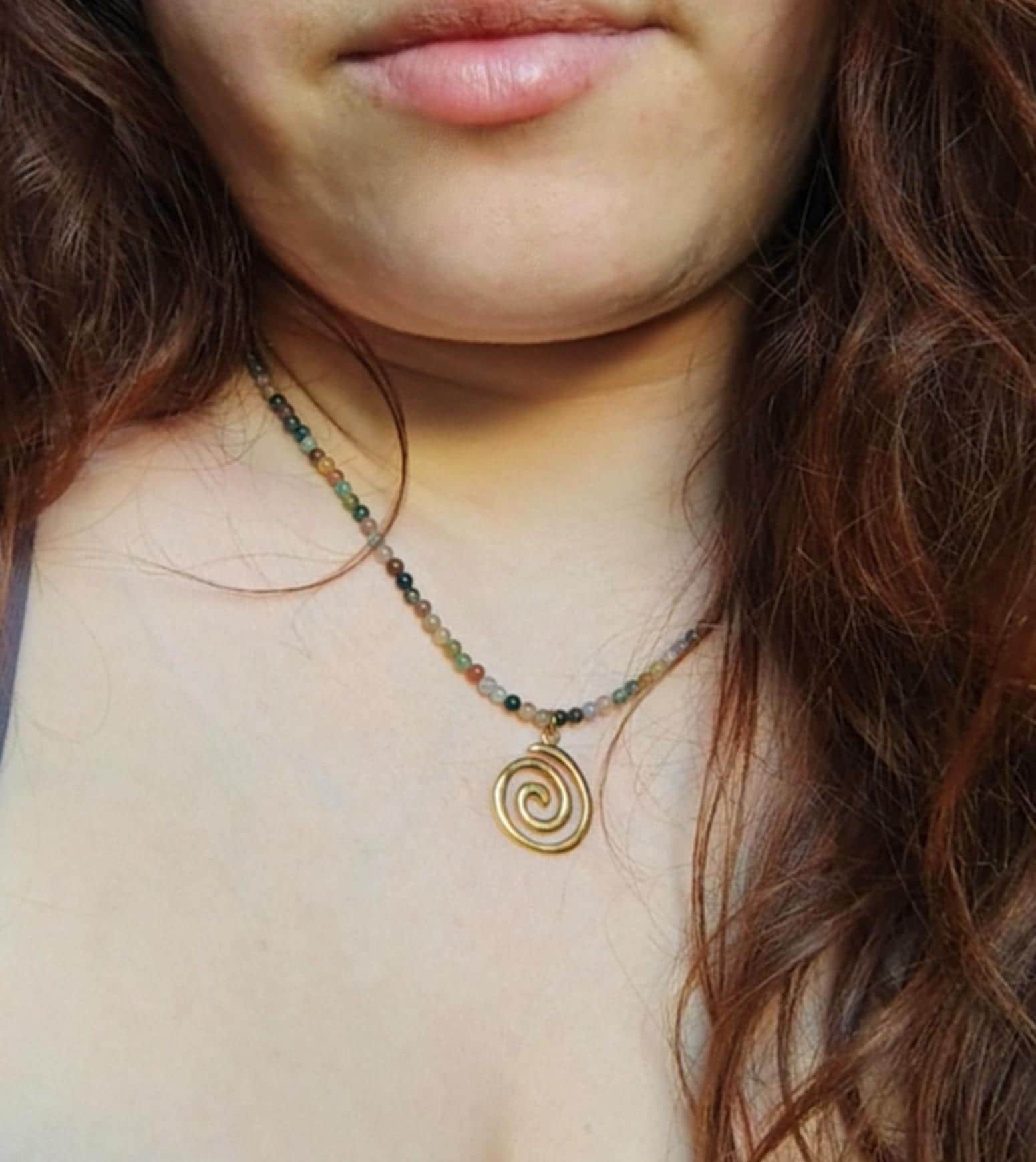 Genuine Gemstone Beaded Necklace | Gold Spiral Pendant | Boho Choker