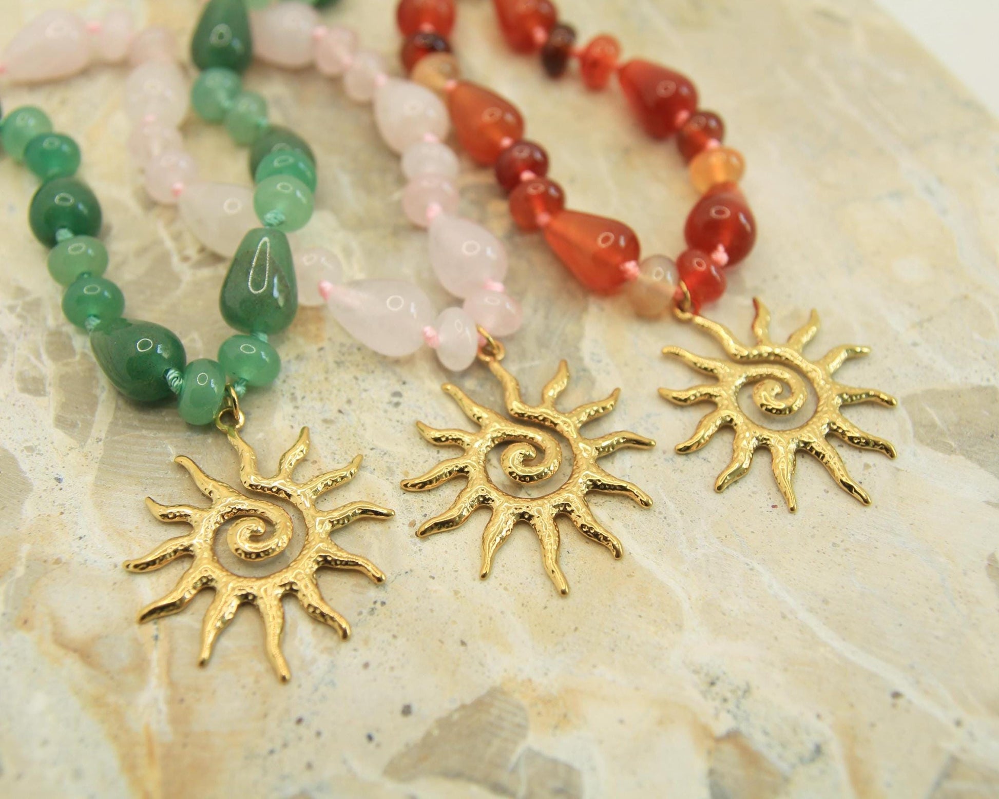 Genuine Gemstone Beaded Necklace | Gold Sun Spiral Pendant | Boho Statement Necklace