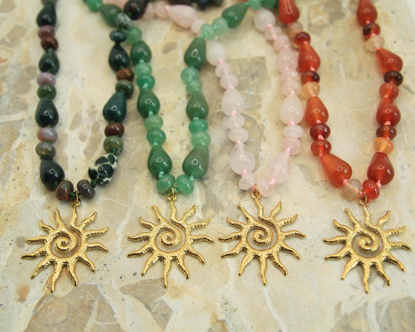 Genuine Gemstone Beaded Necklace | Gold Sun Spiral Pendant | Boho Statement Necklace