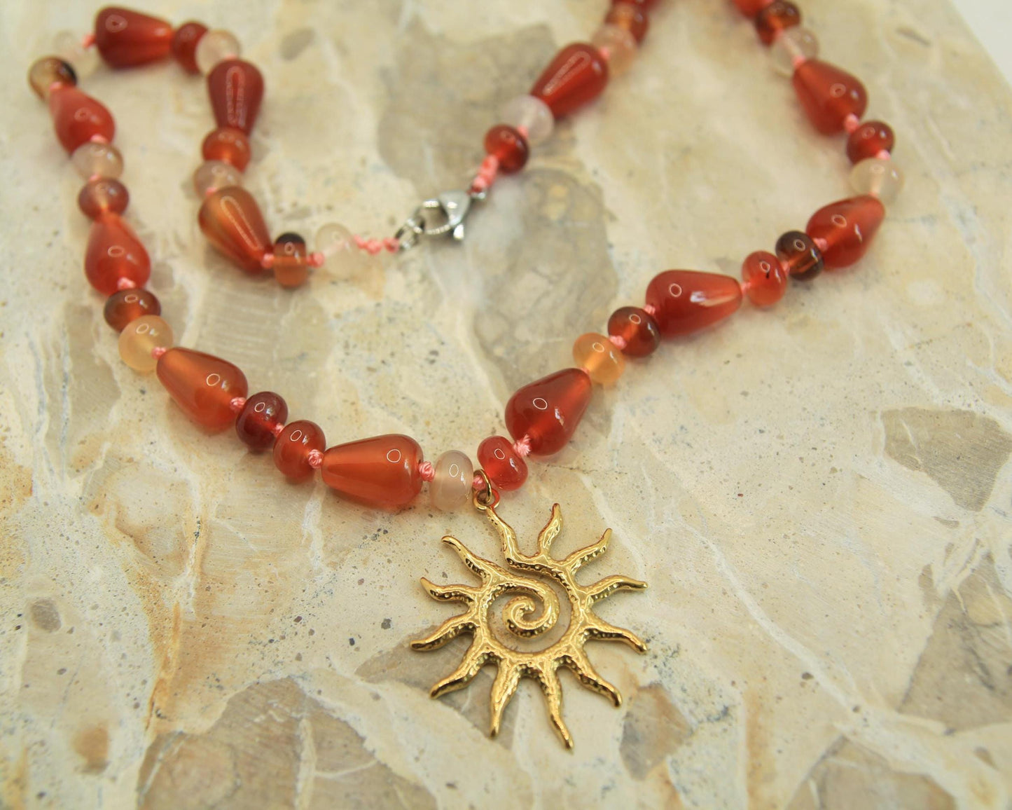 Genuine Gemstone Beaded Necklace | Gold Sun Spiral Pendant | Boho Statement Necklace