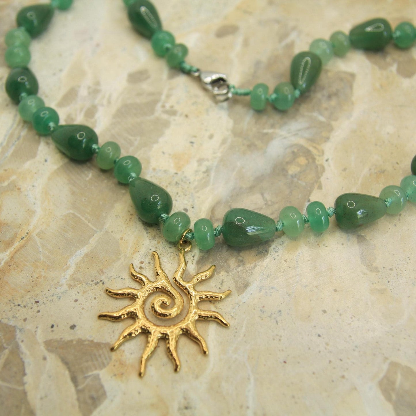 Genuine Gemstone Beaded Necklace | Gold Sun Spiral Pendant | Boho Statement Necklace