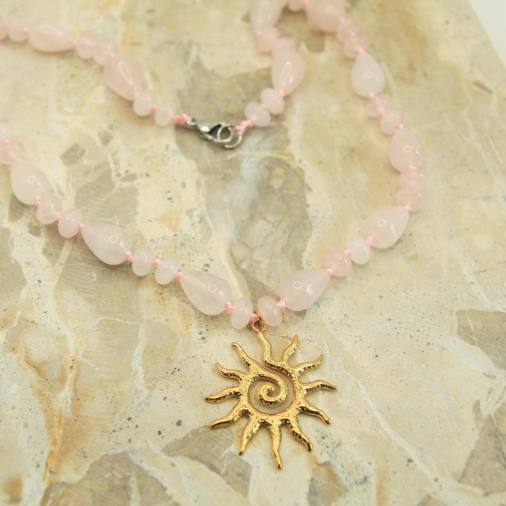 Genuine Gemstone Beaded Necklace | Gold Sun Spiral Pendant | Boho Statement Necklace