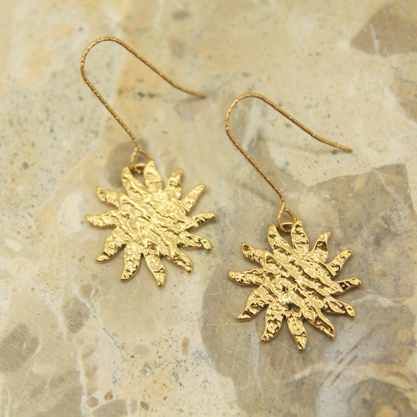 Textured Gold Sunburst Earrings | Statement Sun Drop Earrings | Hypoallergenic Hooks