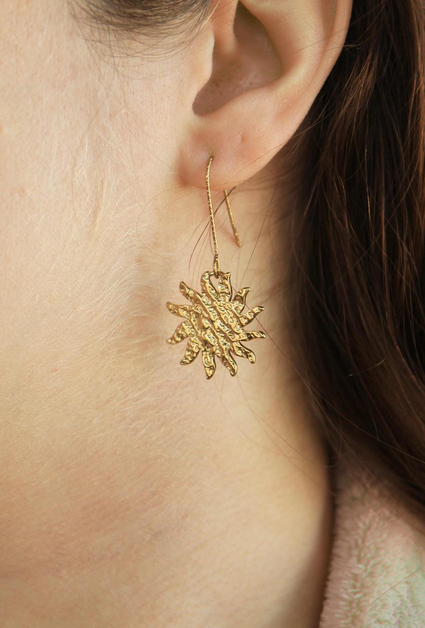 Textured Gold Sunburst Earrings | Statement Sun Drop Earrings | Hypoallergenic Hooks
