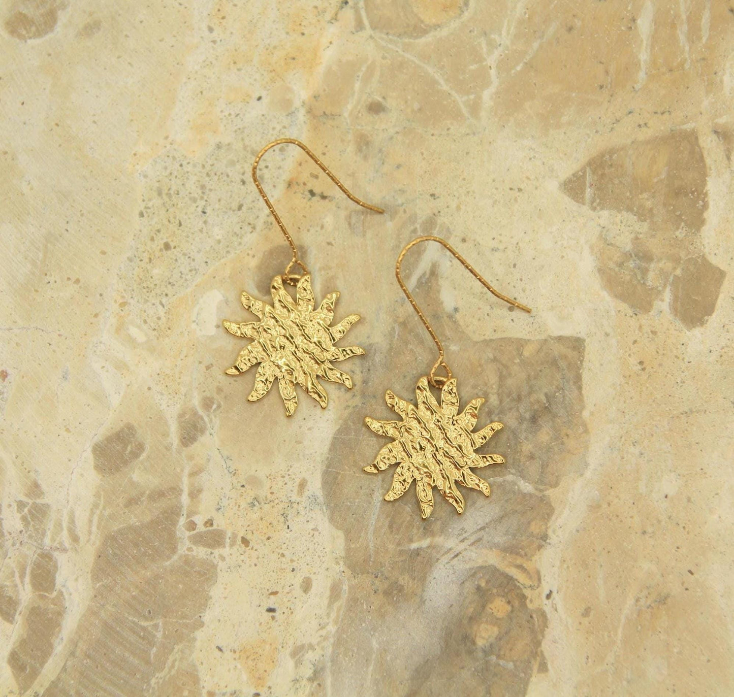 Textured Gold Sunburst Earrings | Statement Sun Drop Earrings | Hypoallergenic Hooks